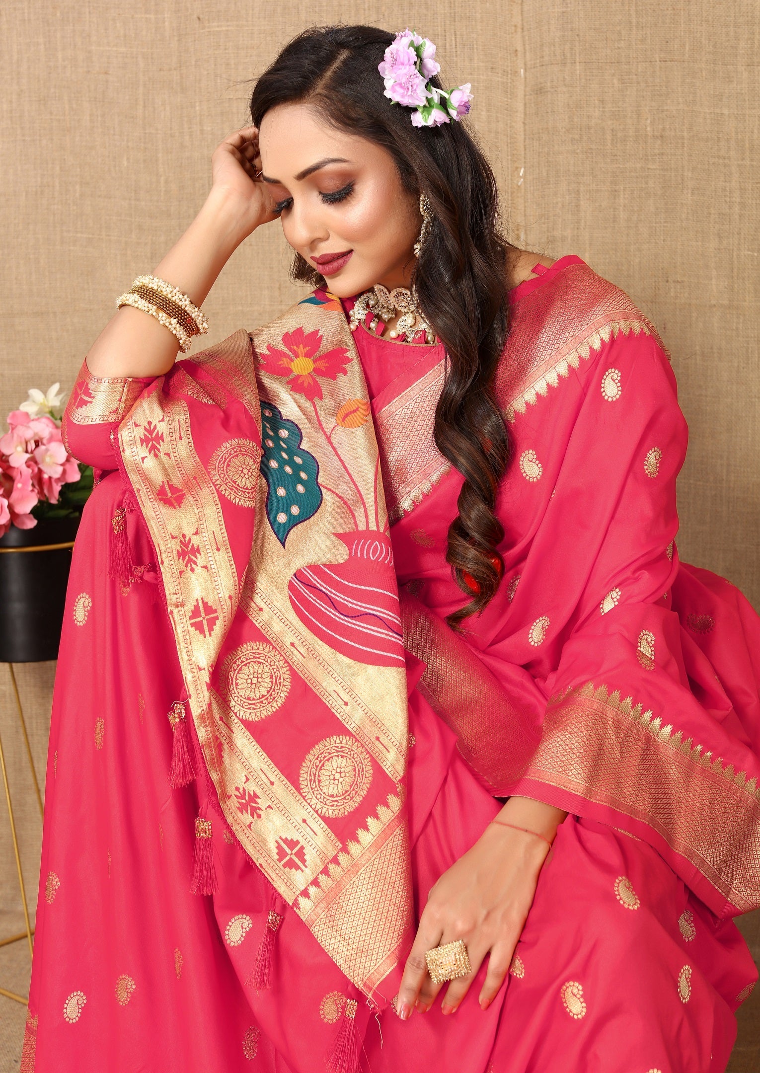 Vedant Vastram Tomato Color Paithani Silk Saree - Tomato - Distacart