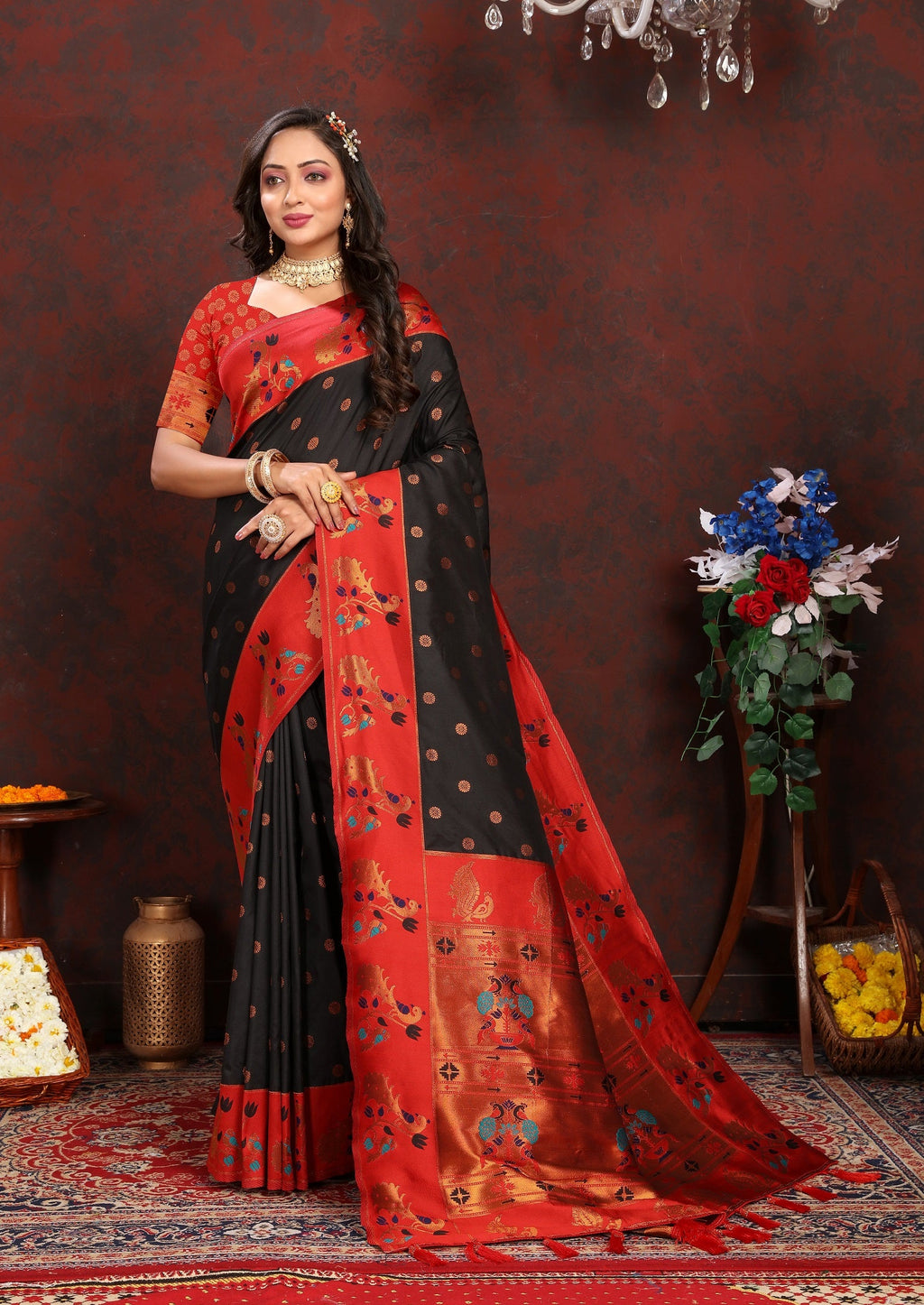 Vedant Vastram Black Color Paithani Silk Saree - Black