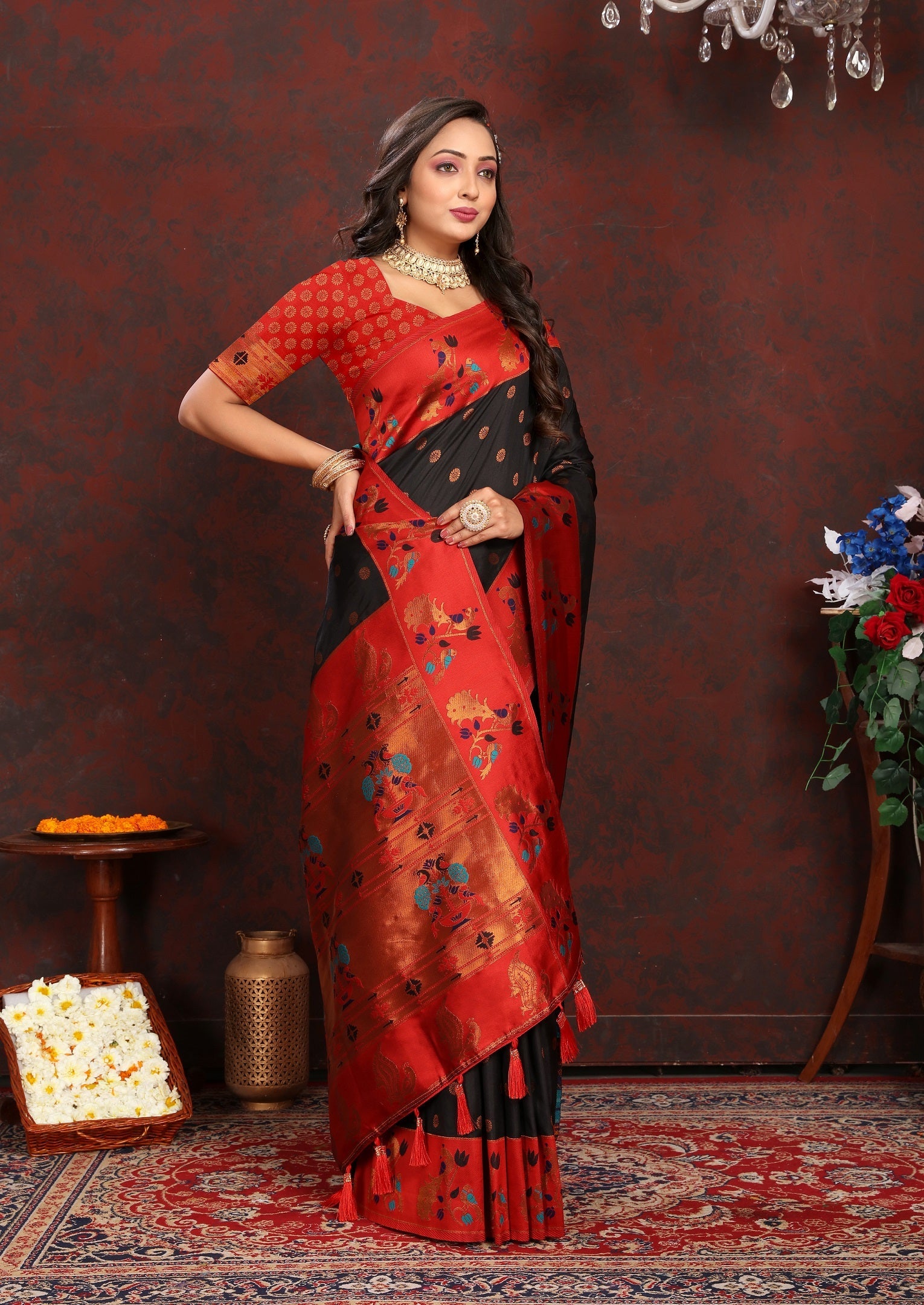 Vedant Vastram Black Color Paithani Silk Saree - Black
