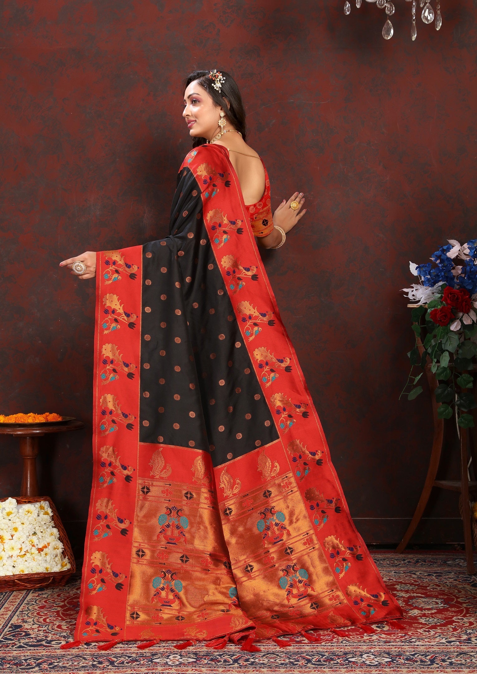 Vedant Vastram Black Color Paithani Silk Saree - Black