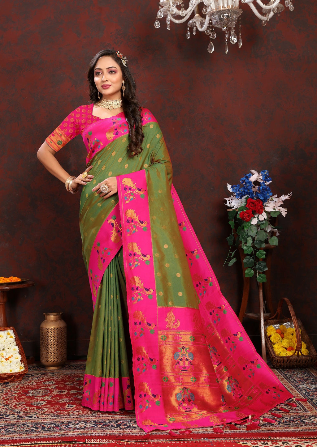 Vedant Vastram Mehndi Color Paithani Silk Saree - Mehndi