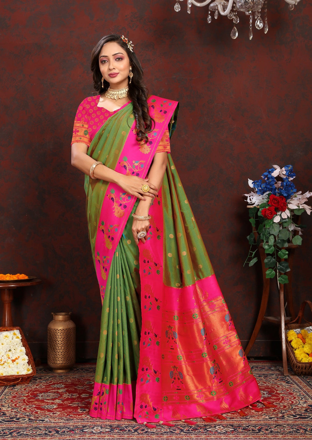 Vedant Vastram Mehndi Color Paithani Silk Saree - Mehndi