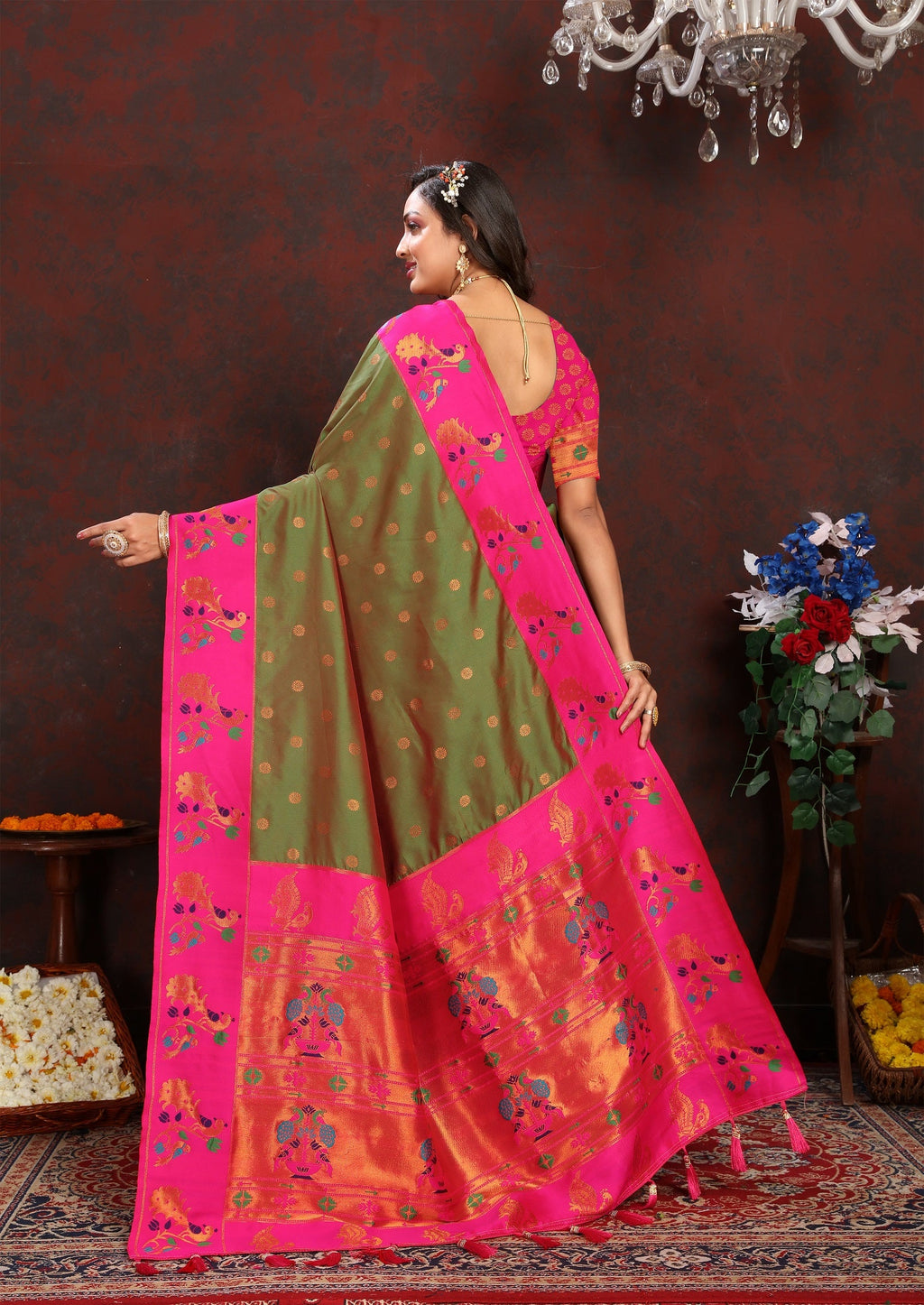 Vedant Vastram Mehndi Color Paithani Silk Saree - Mehndi