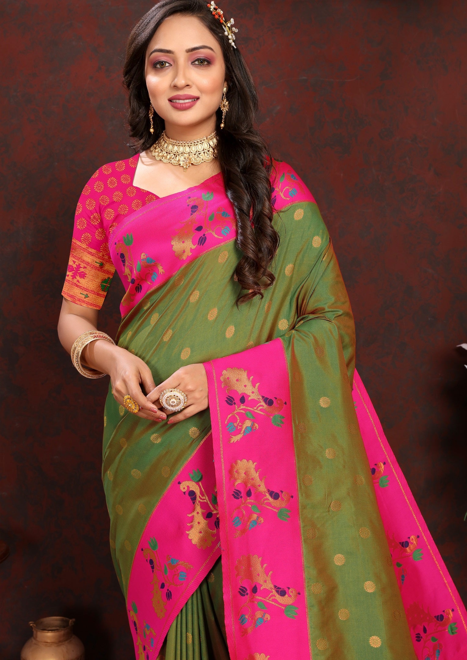Vedant Vastram Mehndi Color Paithani Silk Saree - Mehndi
