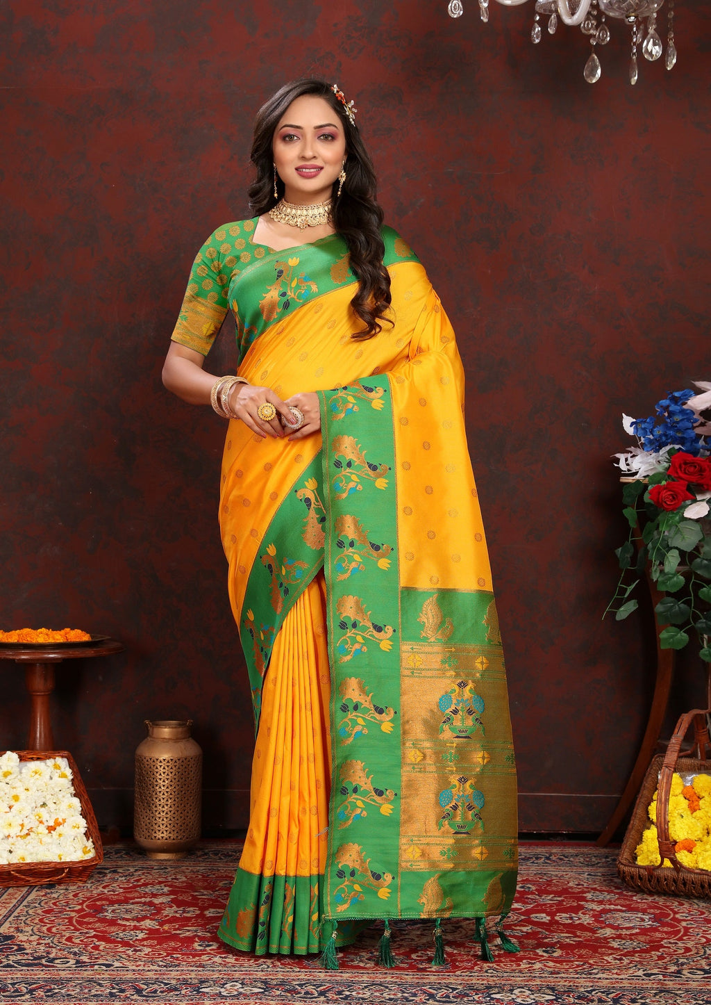 Vedant Vastram Mustard Color Paithani Silk Saree - Mustard