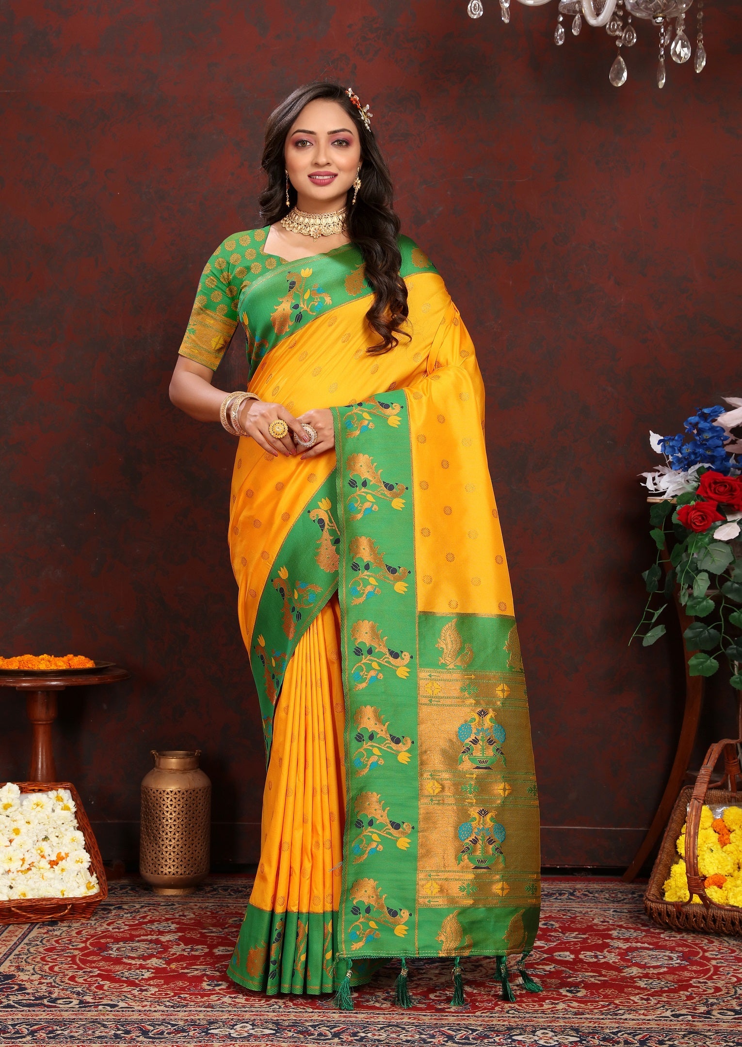 Vedant Vastram Mustard Color Paithani Silk Saree - Mustard