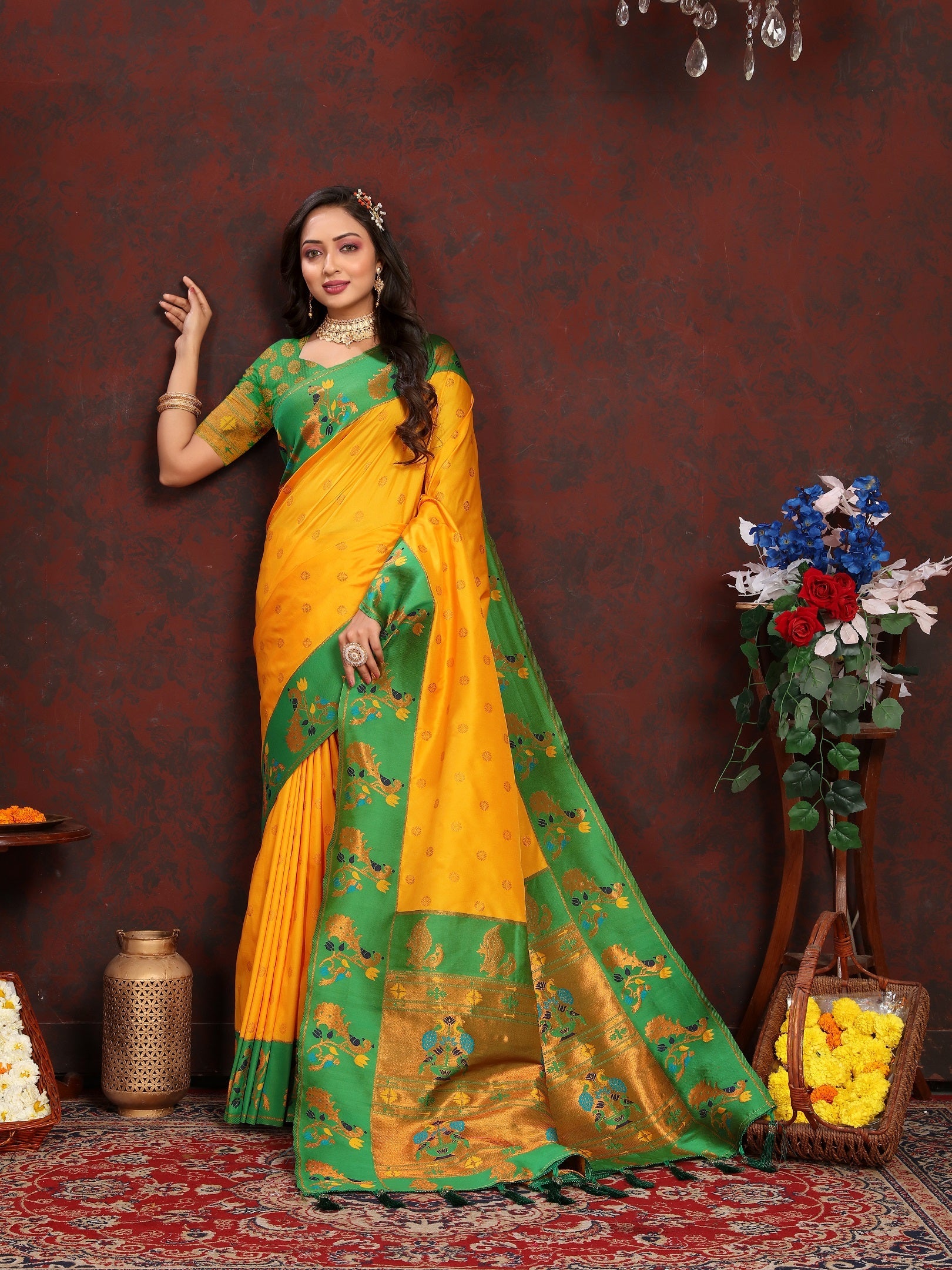 Vedant Vastram Mustard Color Paithani Silk Saree - Mustard