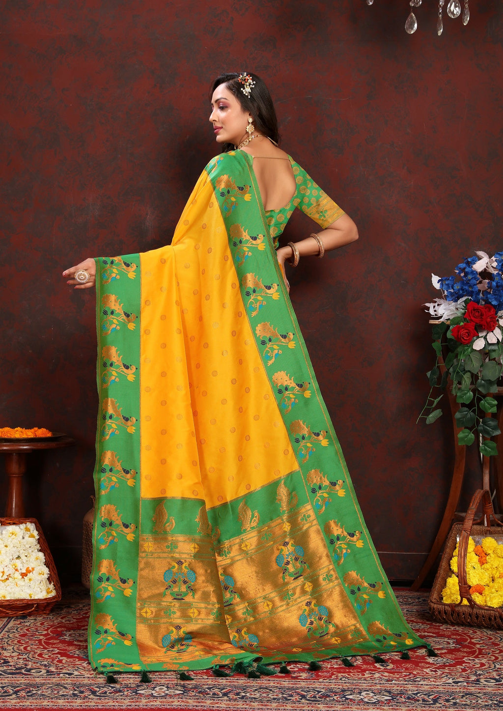 Vedant Vastram Mustard Color Paithani Silk Saree - Mustard