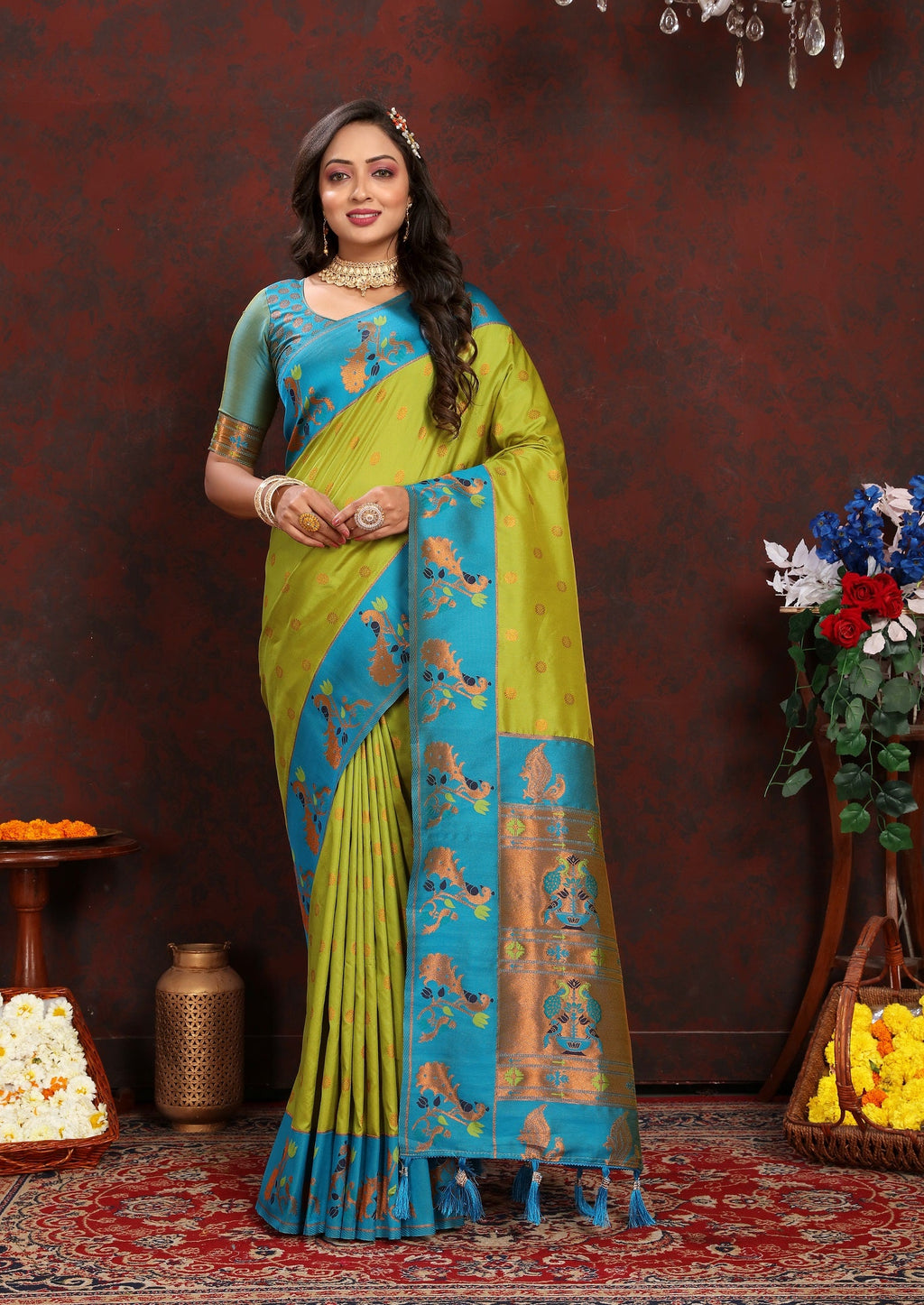 Vedant Vastram Parrot Color Paithani Silk Saree - Parrot