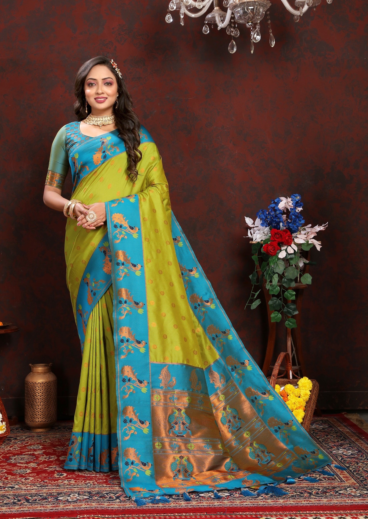 Vedant Vastram Parrot Color Paithani Silk Saree - Parrot