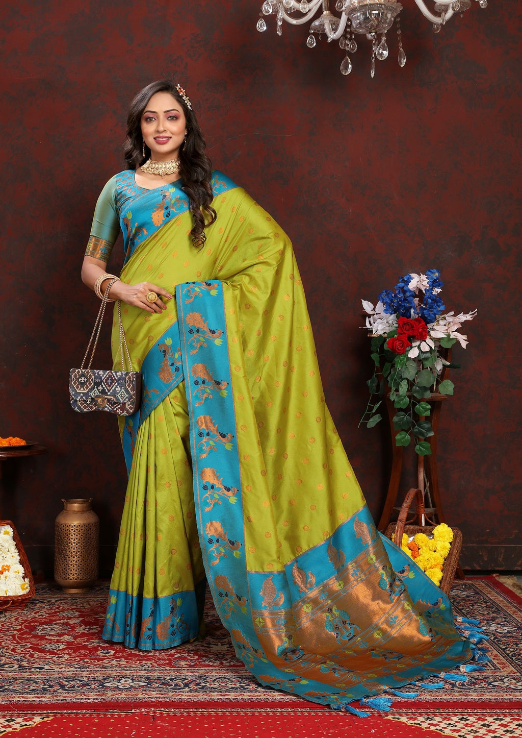 Vedant Vastram Parrot Color Paithani Silk Saree - Parrot