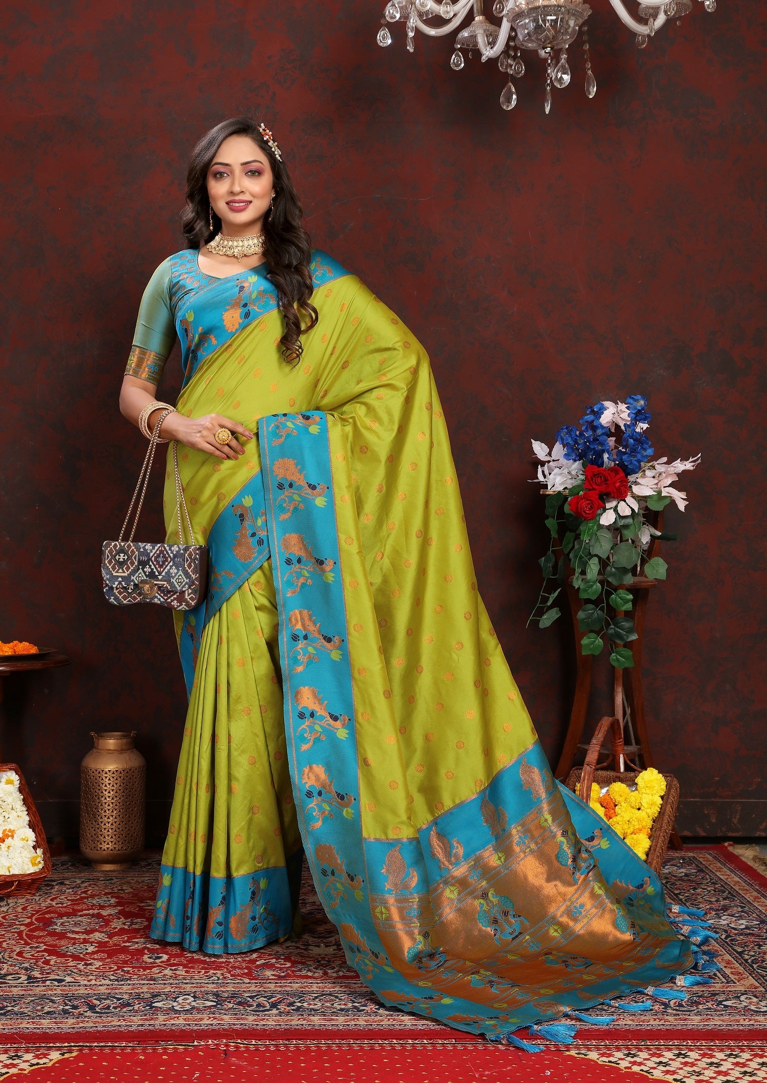 Vedant Vastram Parrot Color Paithani Silk Saree - Parrot
