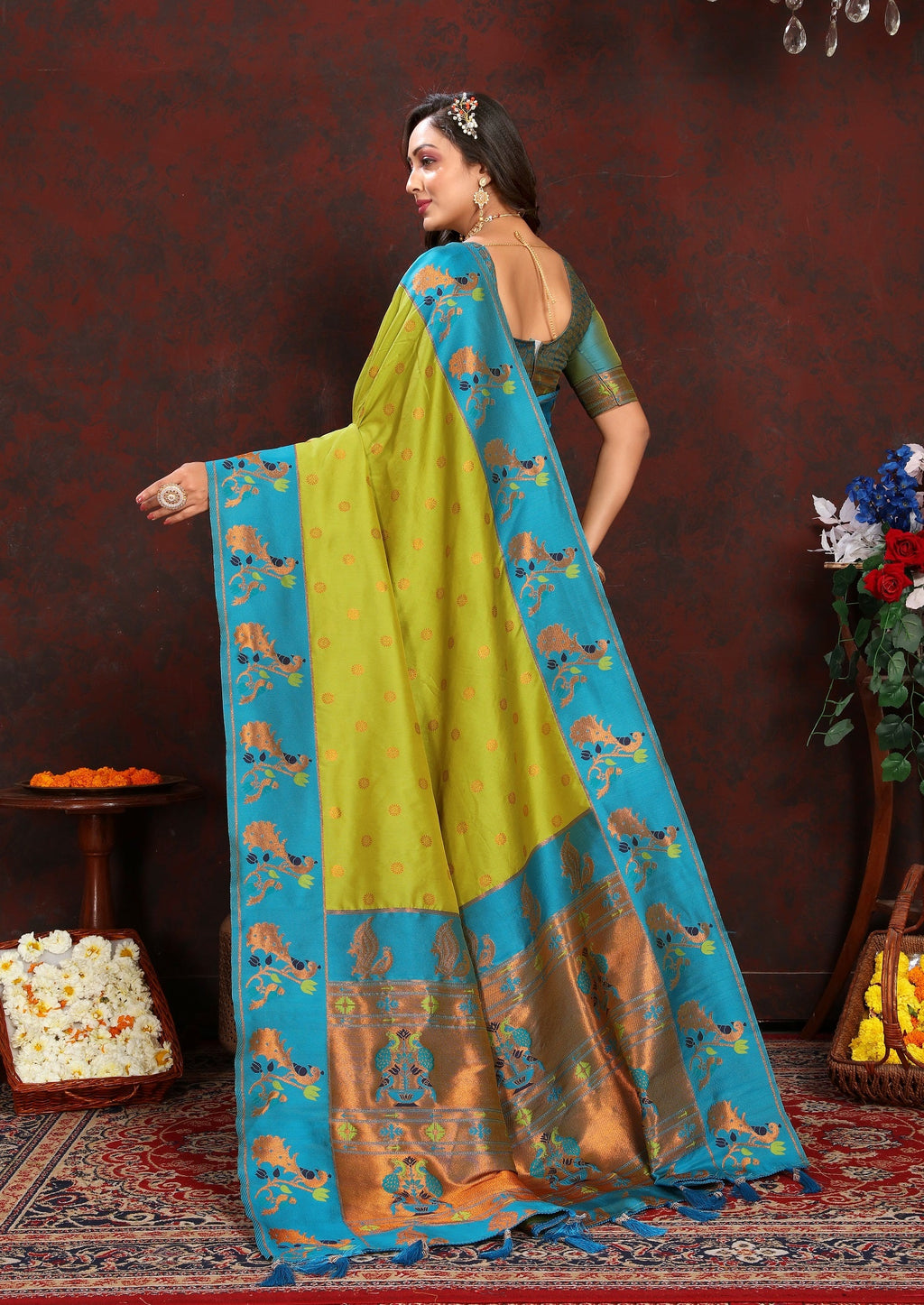 Vedant Vastram Parrot Color Paithani Silk Saree - Parrot
