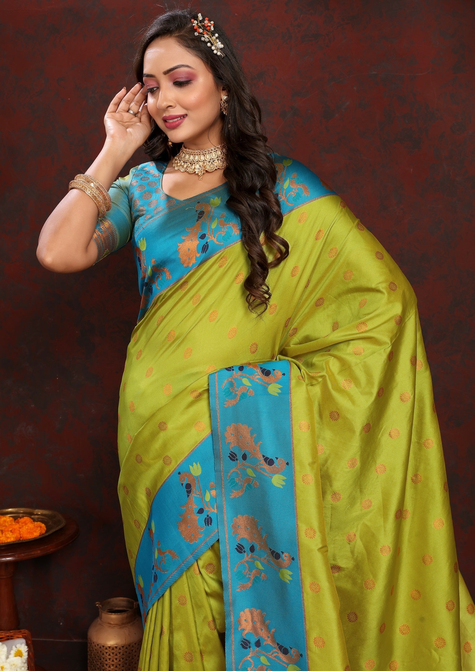 Vedant Vastram Parrot Color Paithani Silk Saree - Parrot