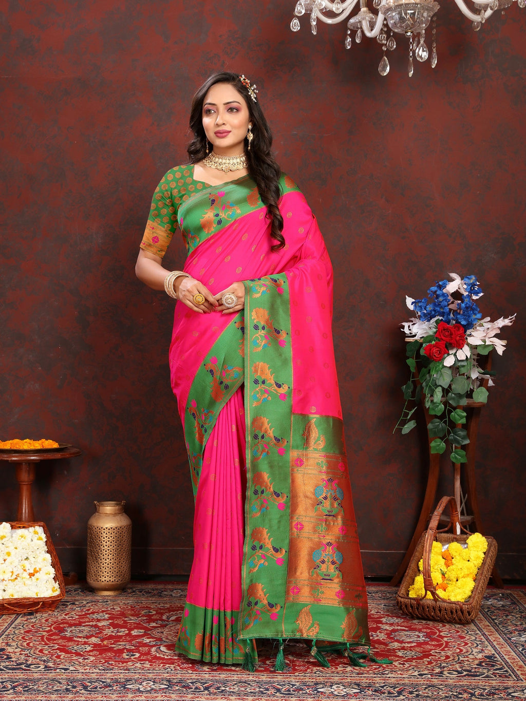 Vedant Vastram Pink Color Paithani Silk Saree - Pink