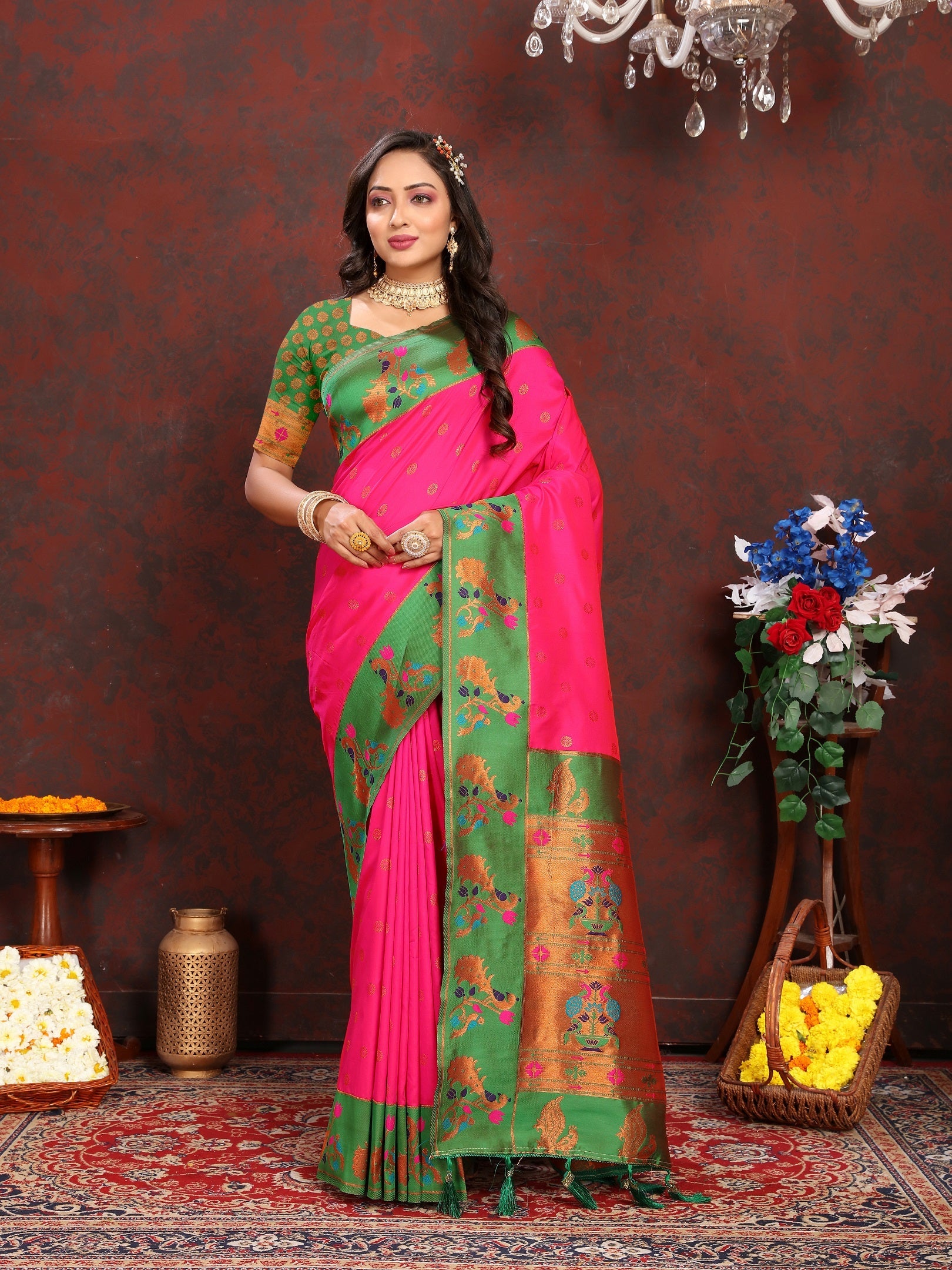 Vedant Vastram Pink Color Paithani Silk Saree - Pink