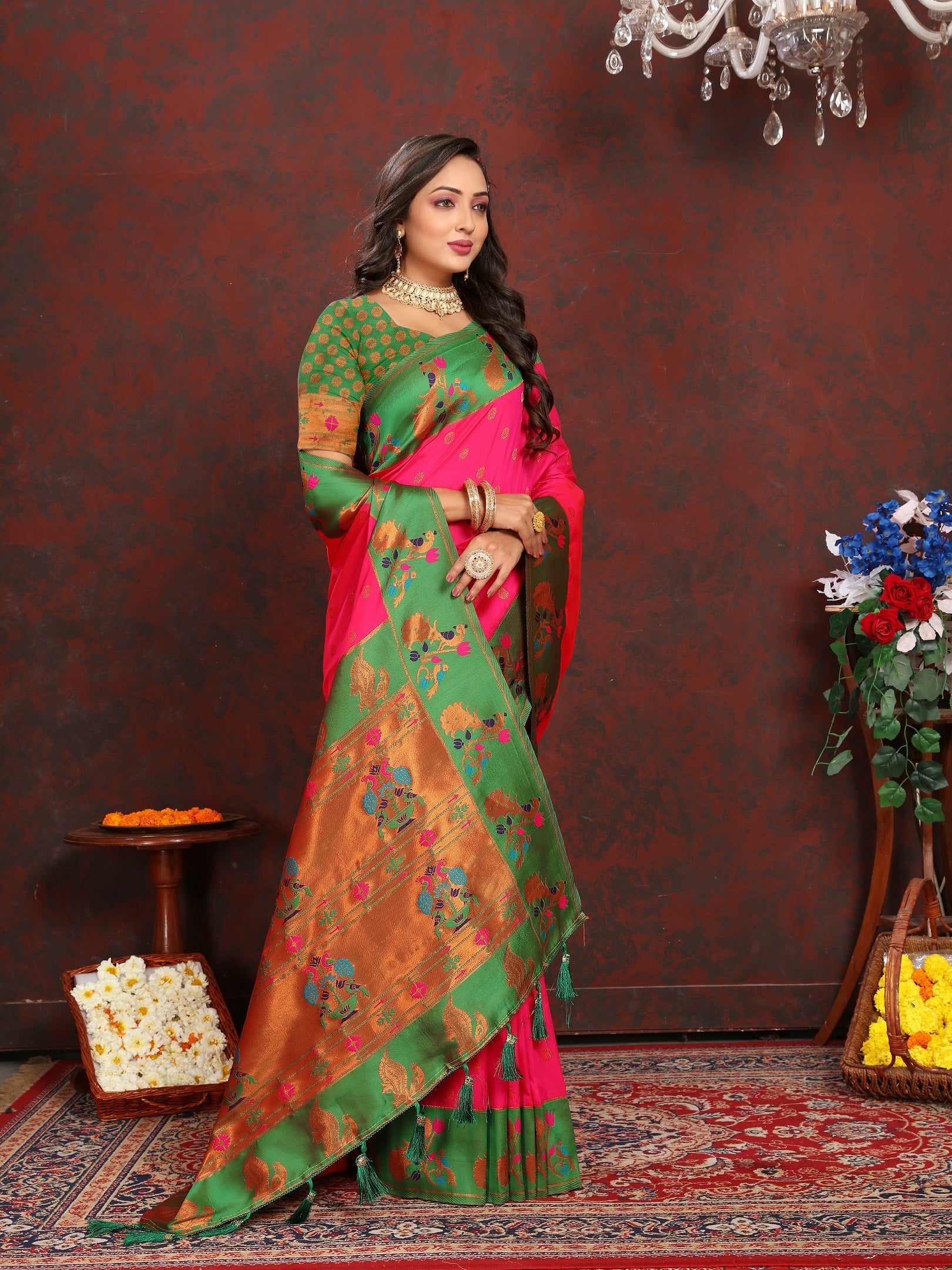 Vedant Vastram Pink Color Paithani Silk Saree - Pink