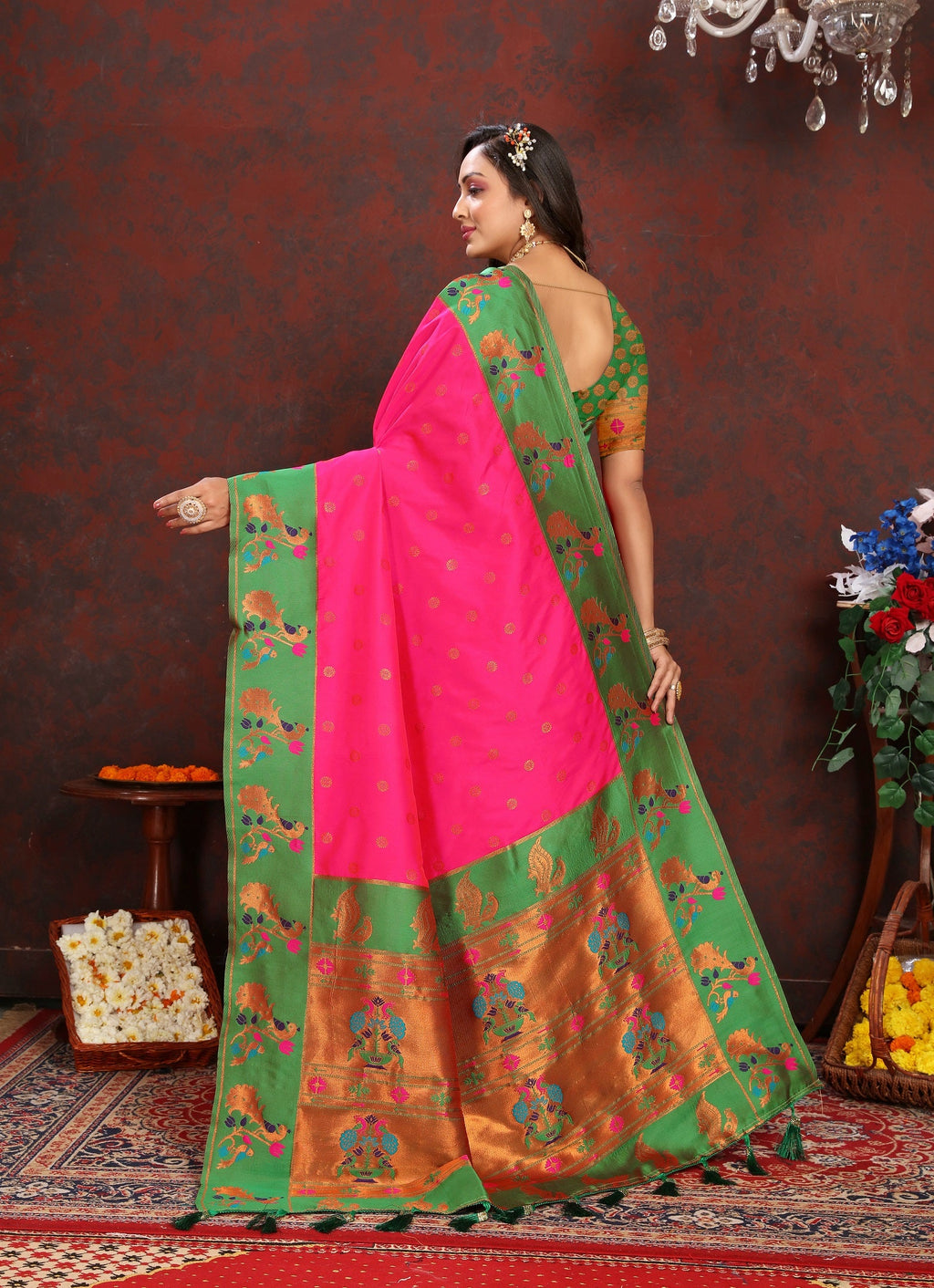 Vedant Vastram Pink Color Paithani Silk Saree - Pink