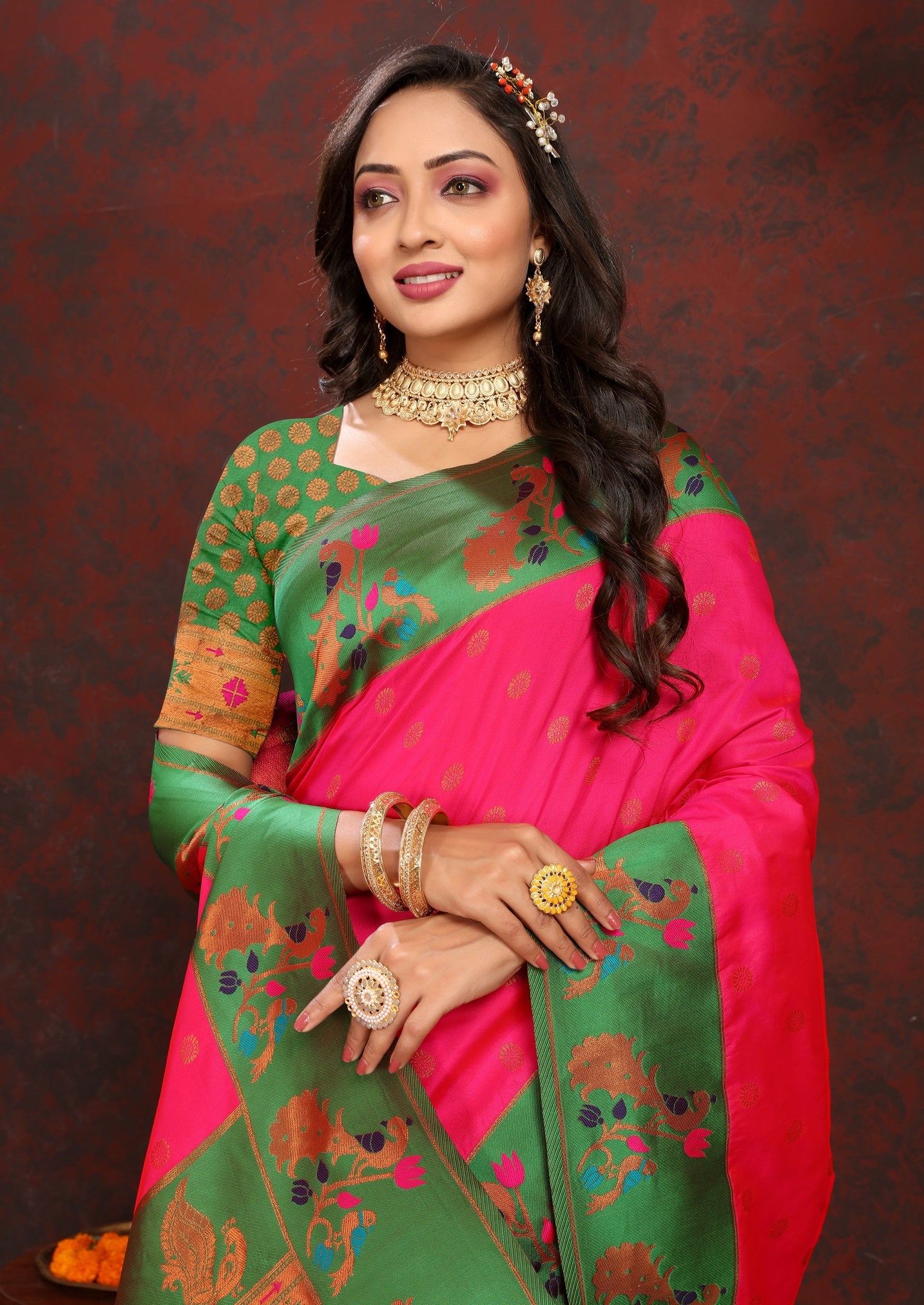Vedant Vastram Pink Color Paithani Silk Saree - Pink