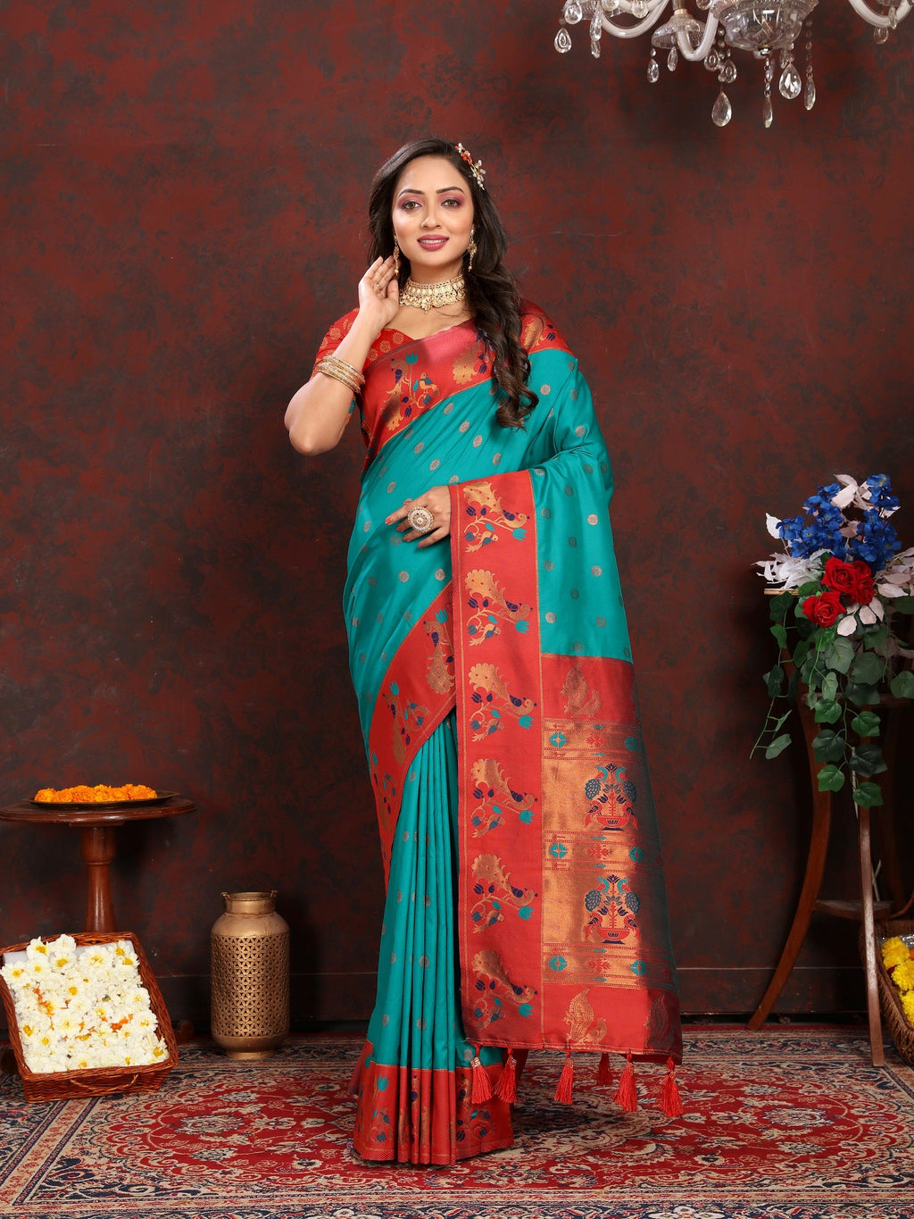 Vedant Vastram Rama Color Paithani Silk Saree - Rama