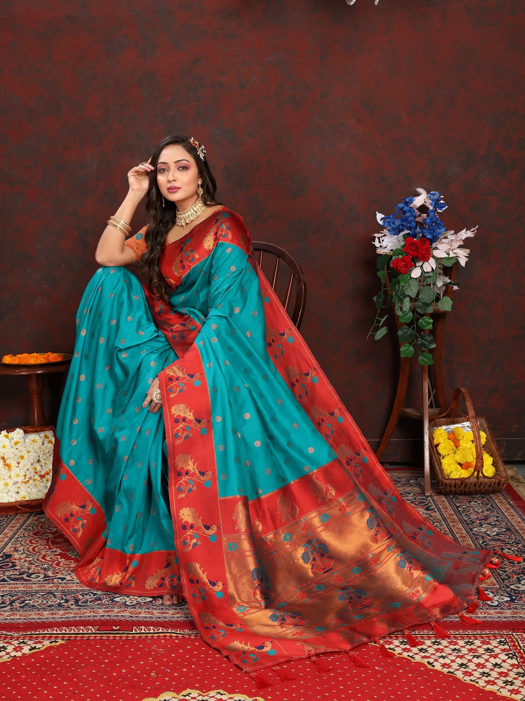 Vedant Vastram Rama Color Paithani Silk Saree - Rama