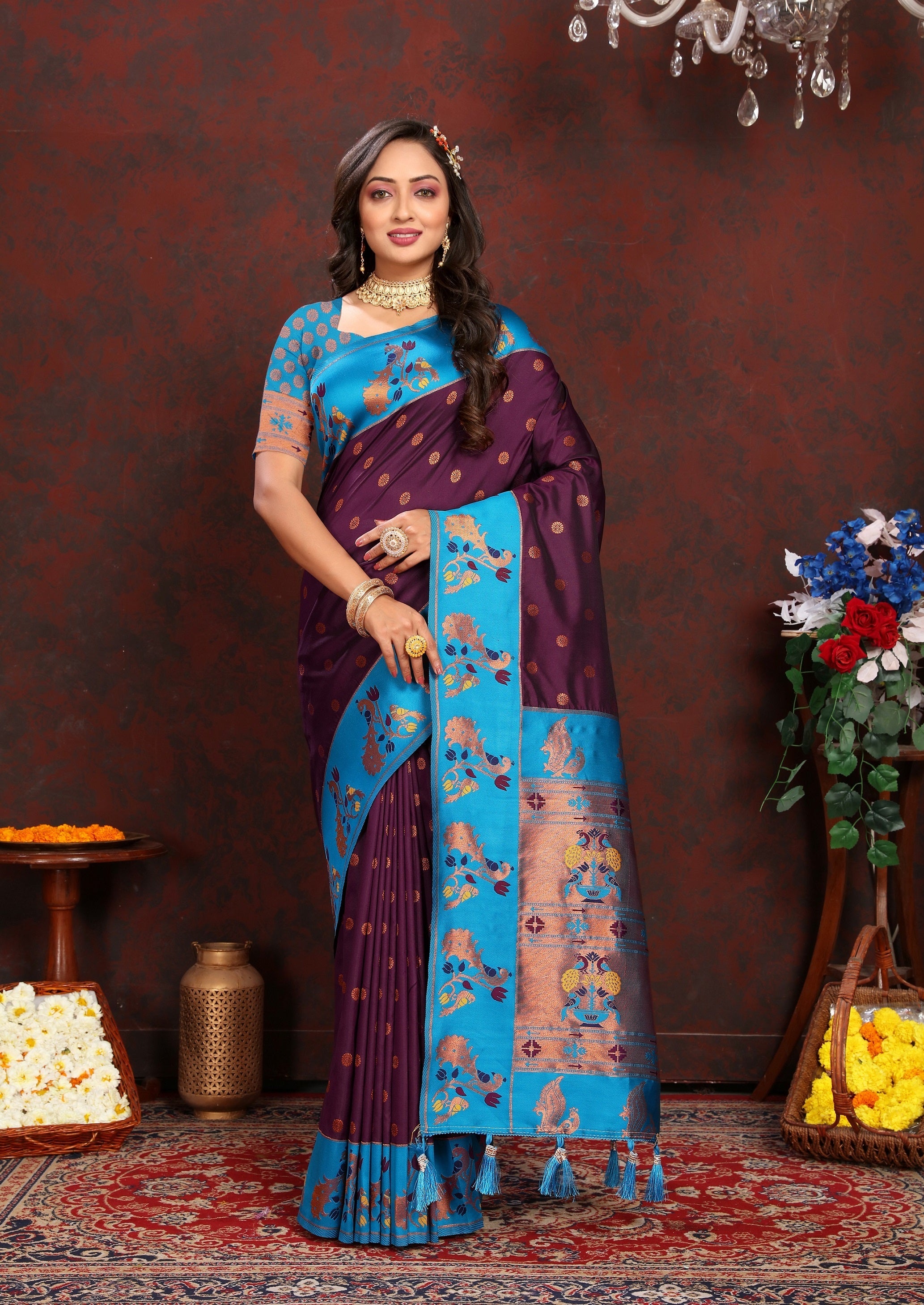 Vedant Vastram Wine Color Paithani Silk Saree - Wine