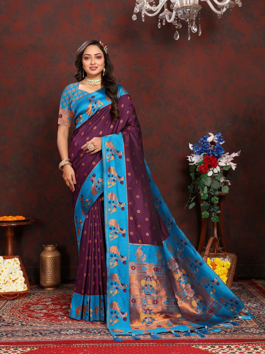Vedant Vastram Wine Color Paithani Silk Saree - Wine