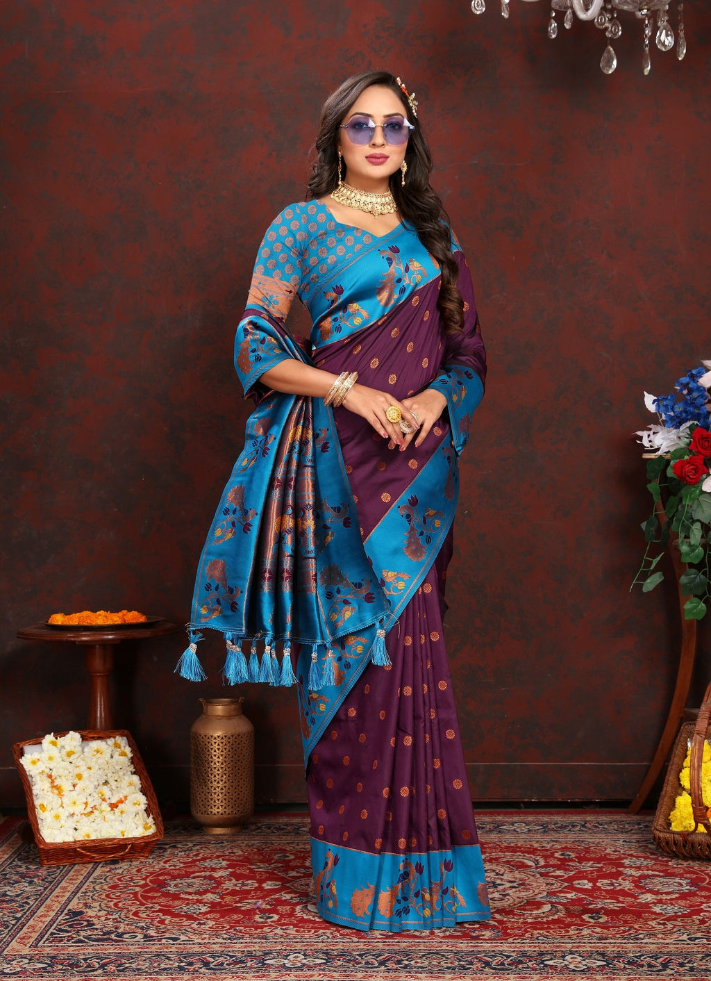 Vedant Vastram Wine Color Paithani Silk Saree - Wine