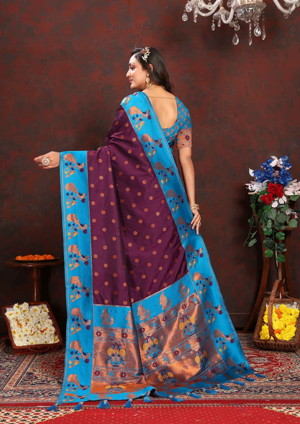 Vedant Vastram Wine Color Paithani Silk Saree - Wine