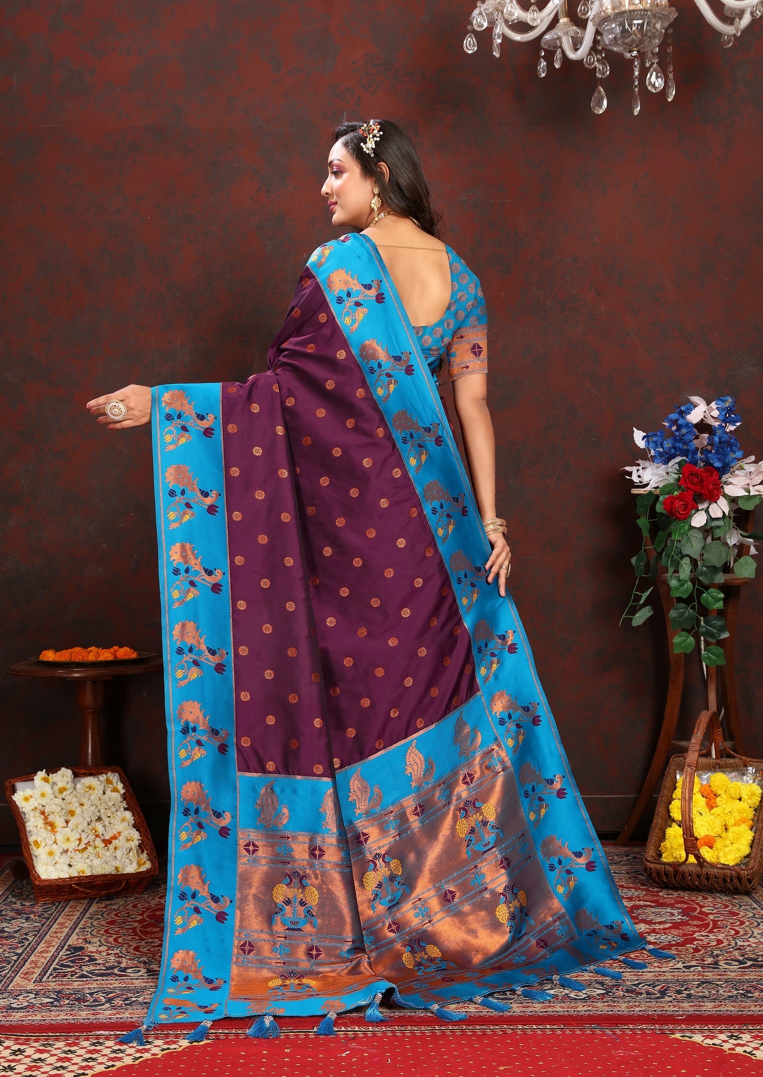 Vedant Vastram Wine Color Paithani Silk Saree - Wine