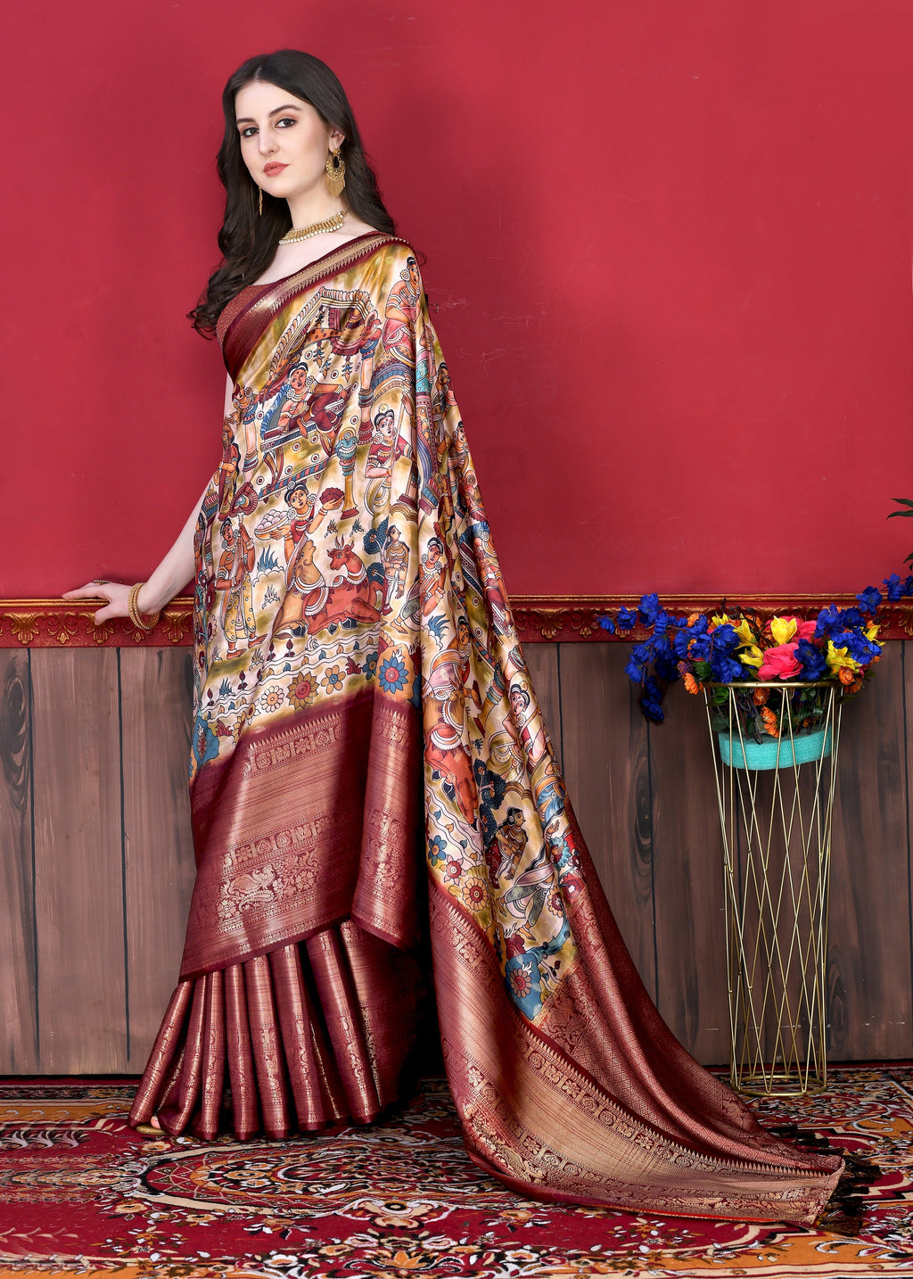 Vedant Vastram Wine Color Kanjeevaram Silk Saree - Wine