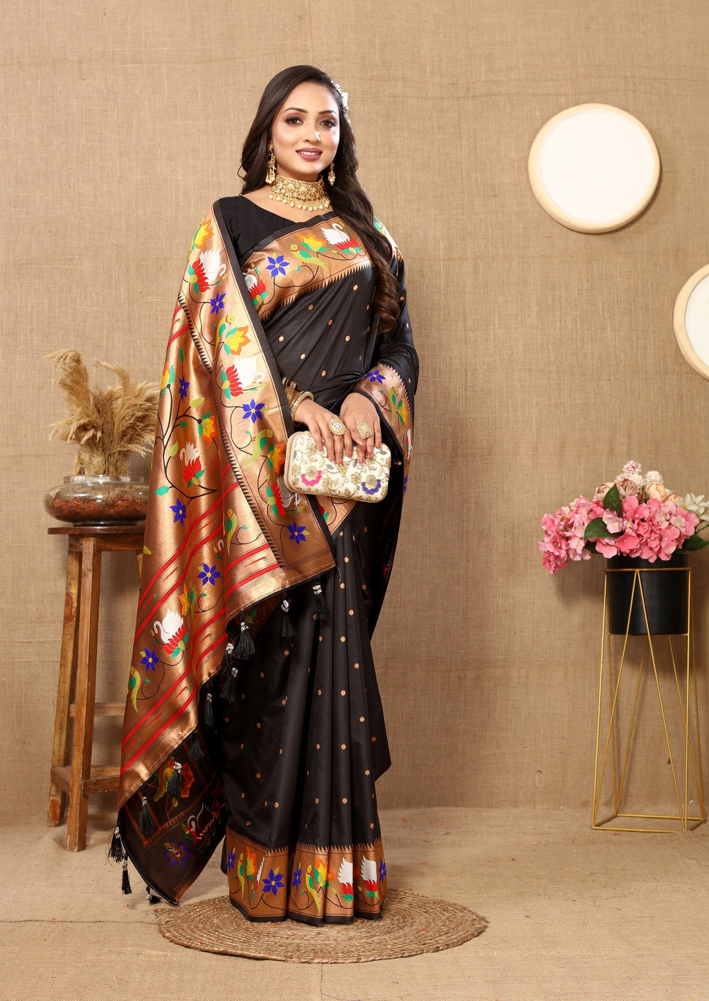 Vedant Vastram Black Color Paithani Silk Saree - Black - Distacart