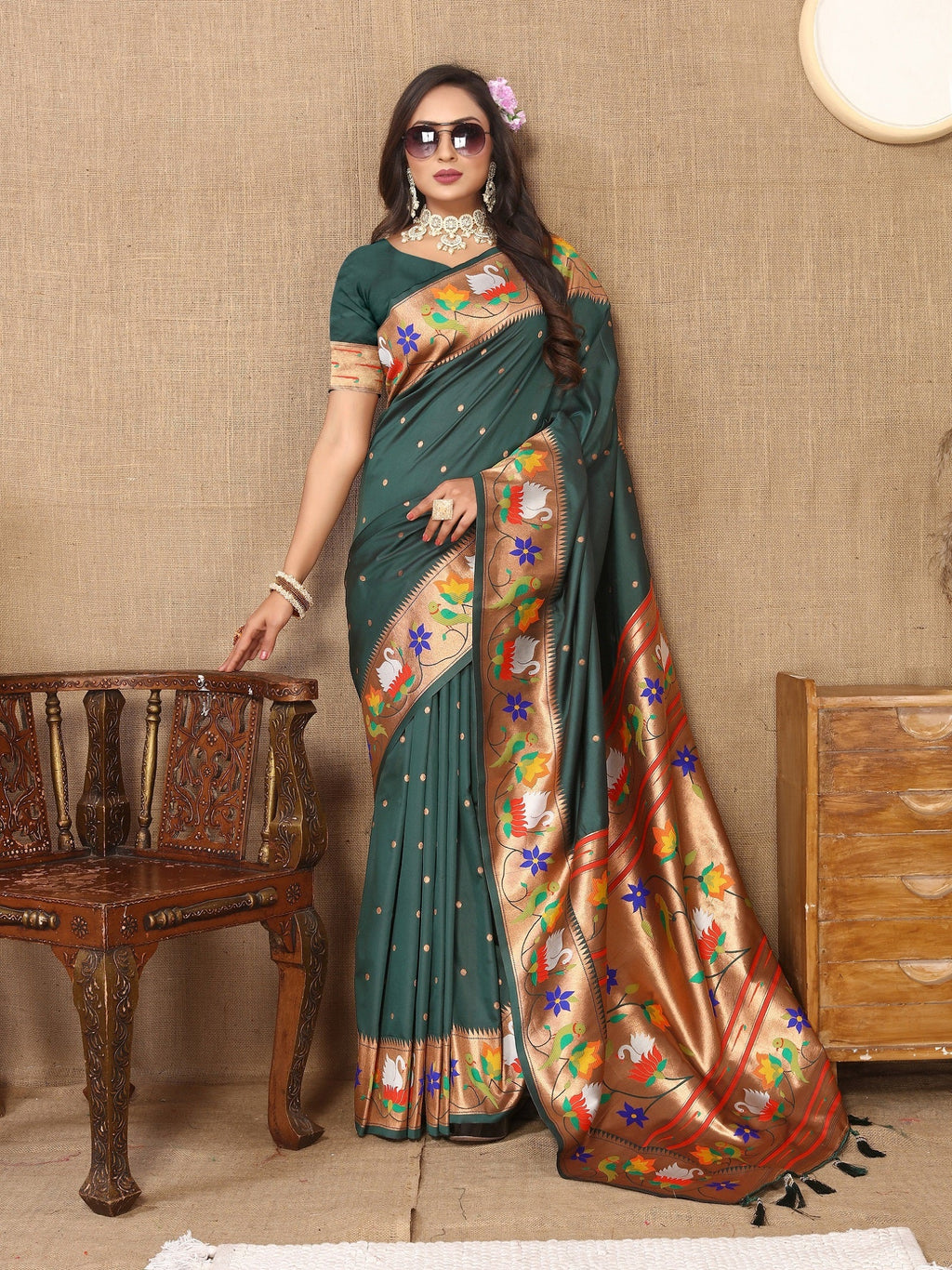 Vedant Vastram Bottle Green Color Paithani Silk Saree - Bottle Green - Distacart