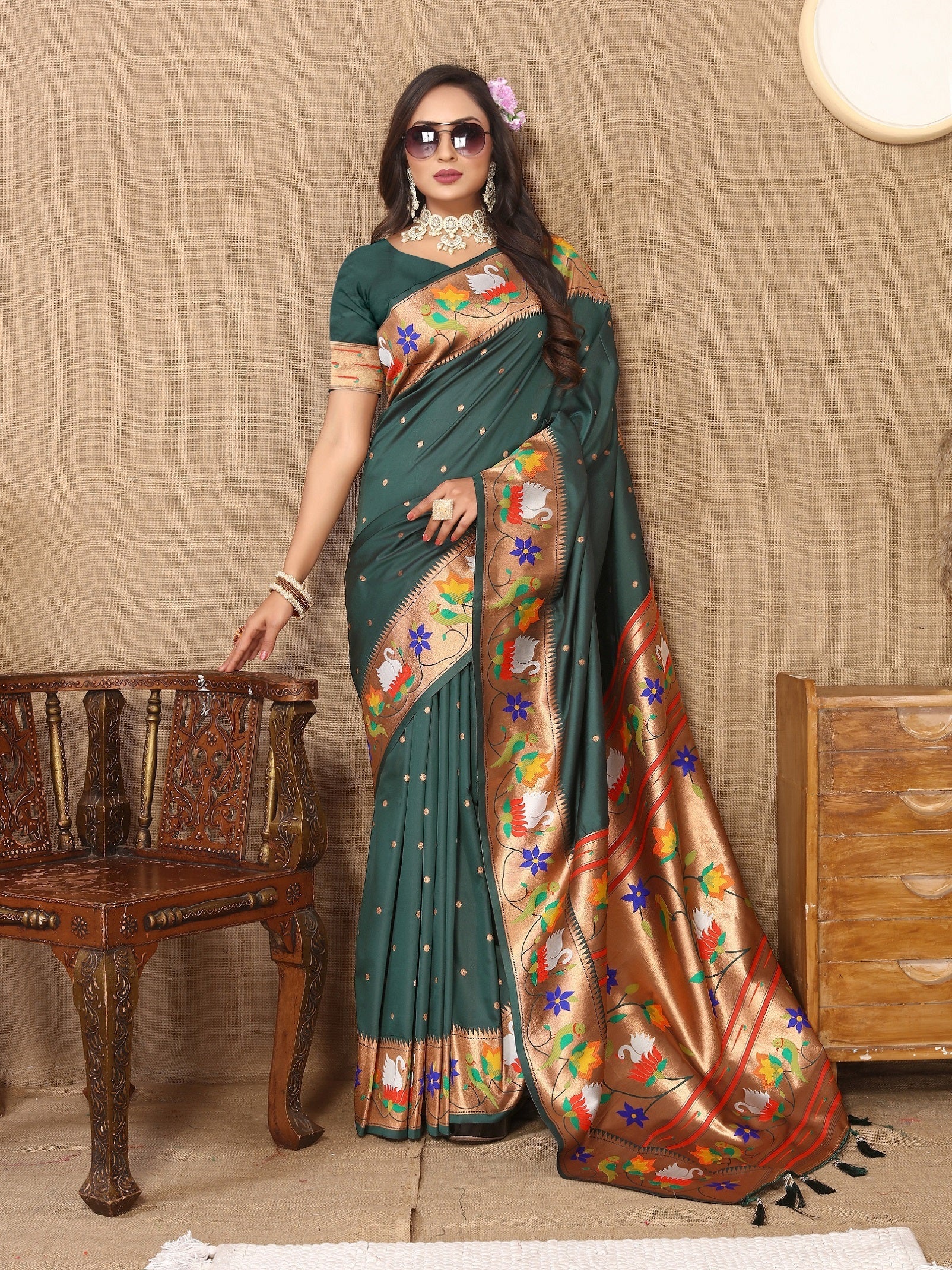 Vedant Vastram Bottle Green Color Paithani Silk Saree - Bottle Green - Distacart