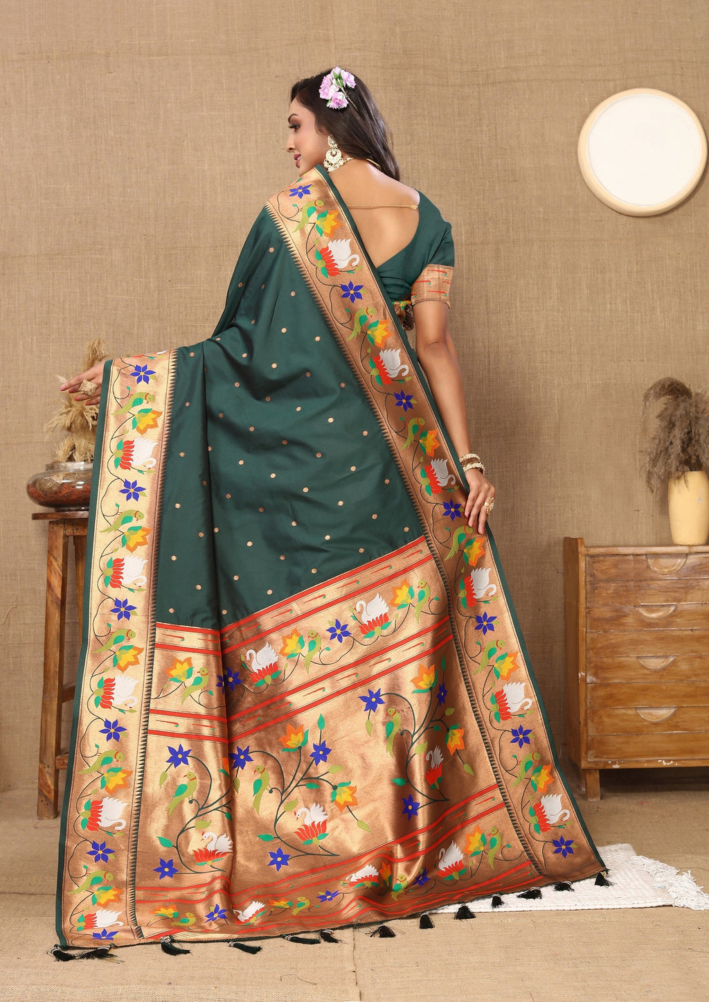 Vedant Vastram Bottle Green Color Paithani Silk Saree - Bottle Green - Distacart
