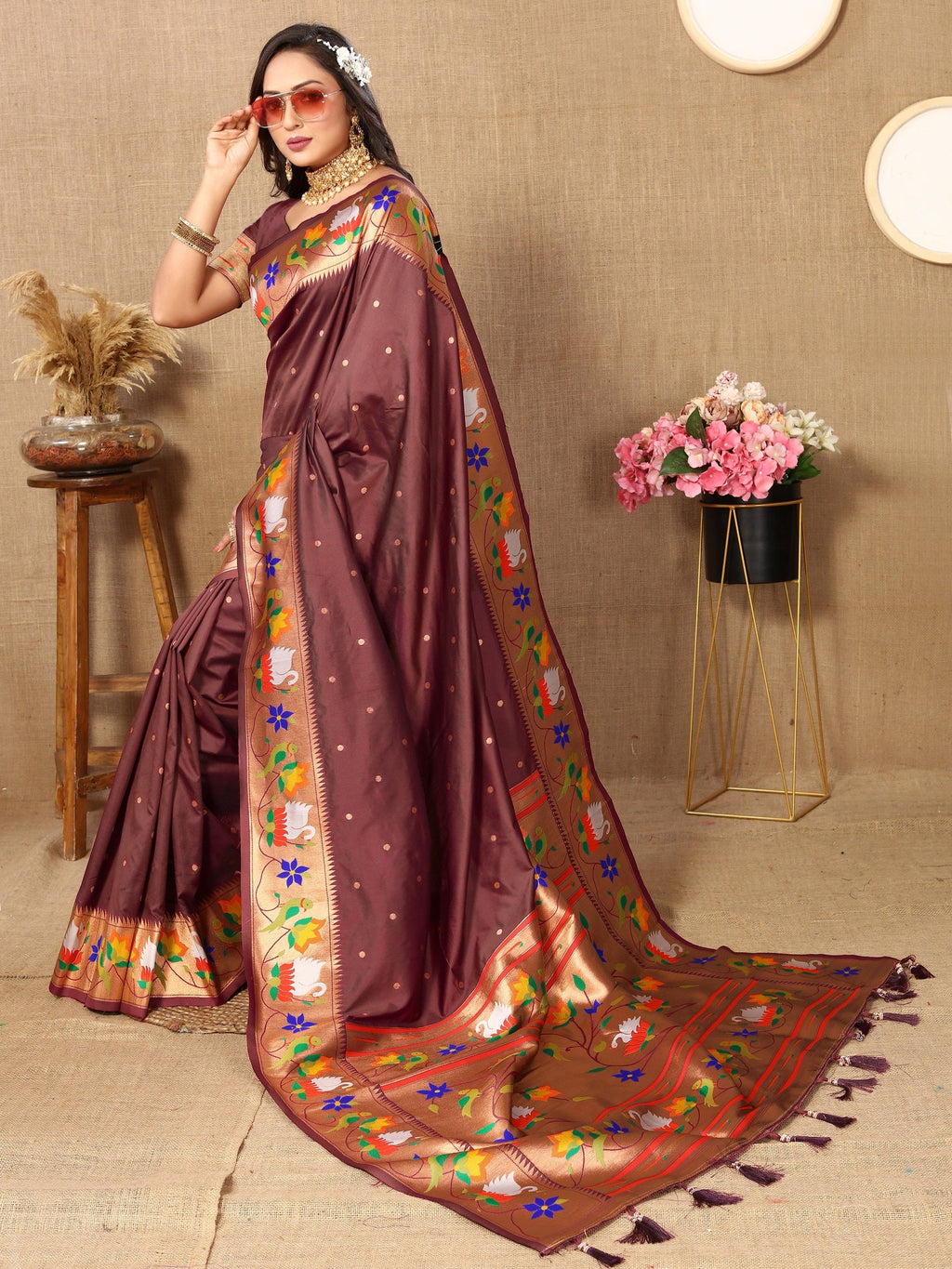 Vedant Vastram Brown Color Paithani Silk Saree - Brown - Distacart