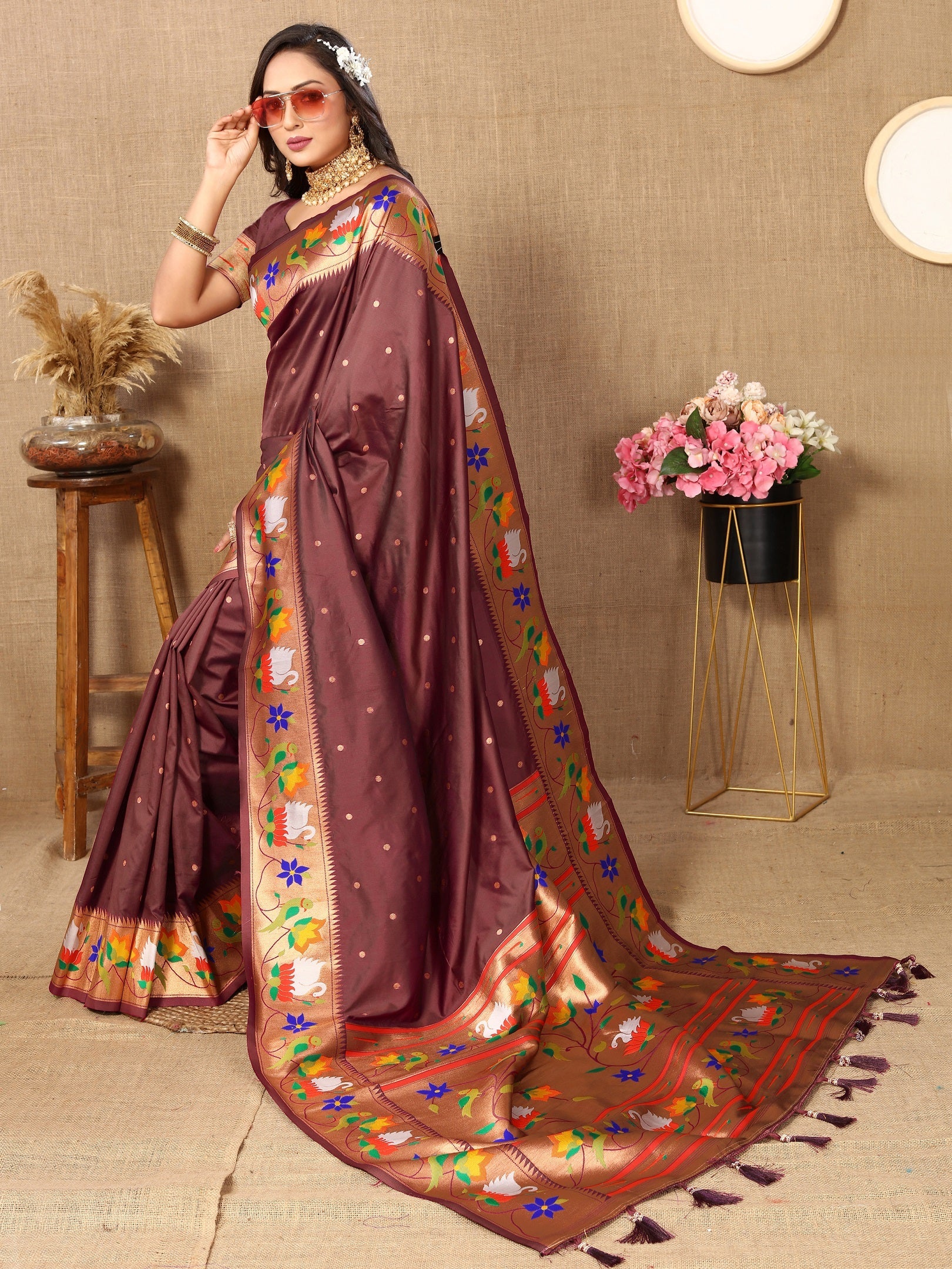 Vedant Vastram Brown Color Paithani Silk Saree - Brown - Distacart