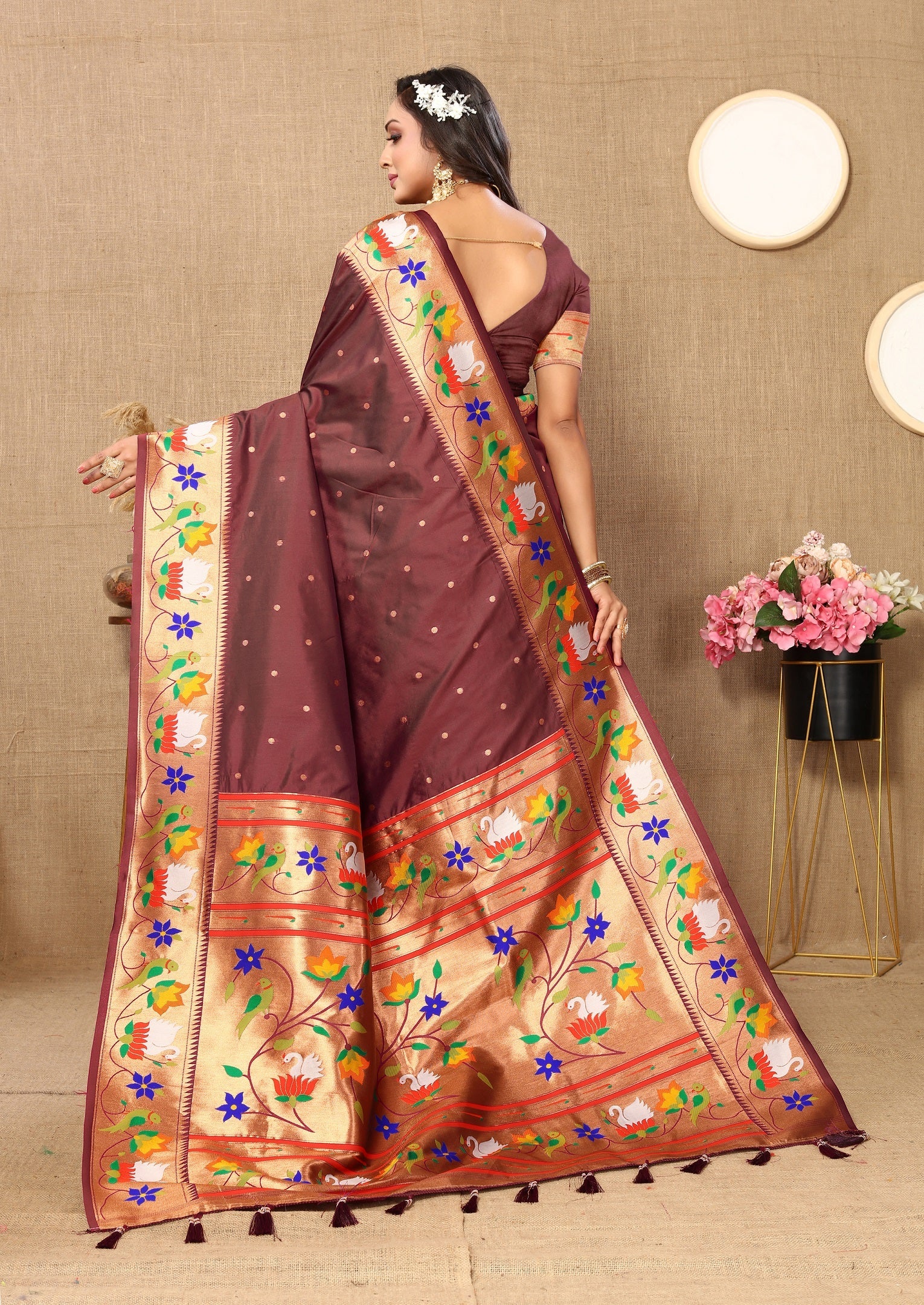 Vedant Vastram Brown Color Paithani Silk Saree - Brown - Distacart