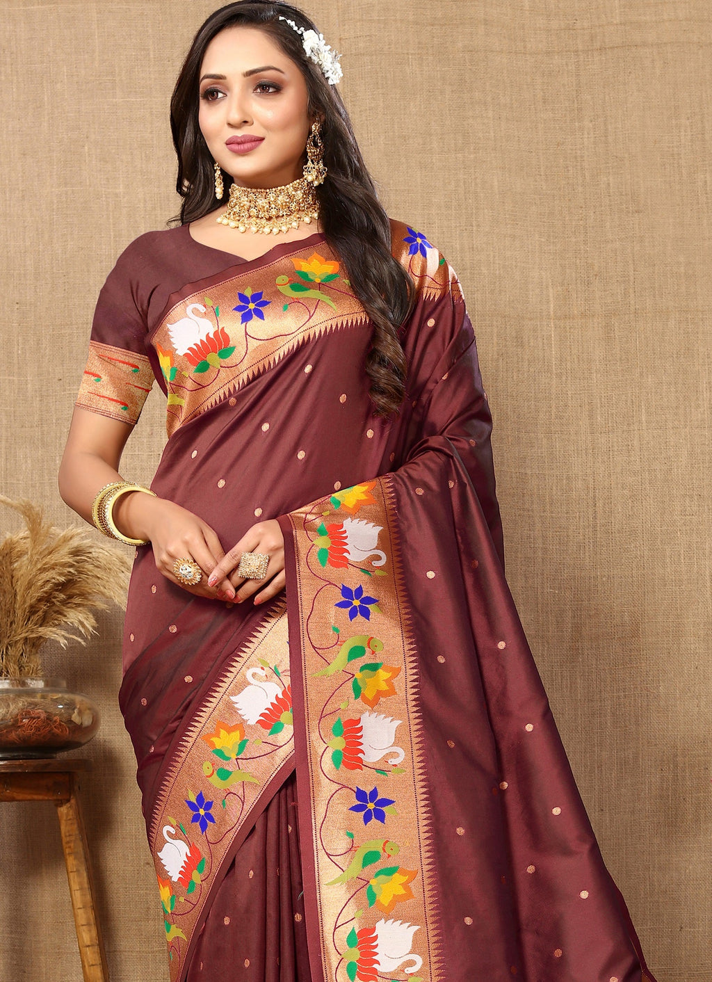 Vedant Vastram Brown Color Paithani Silk Saree - Brown - Distacart