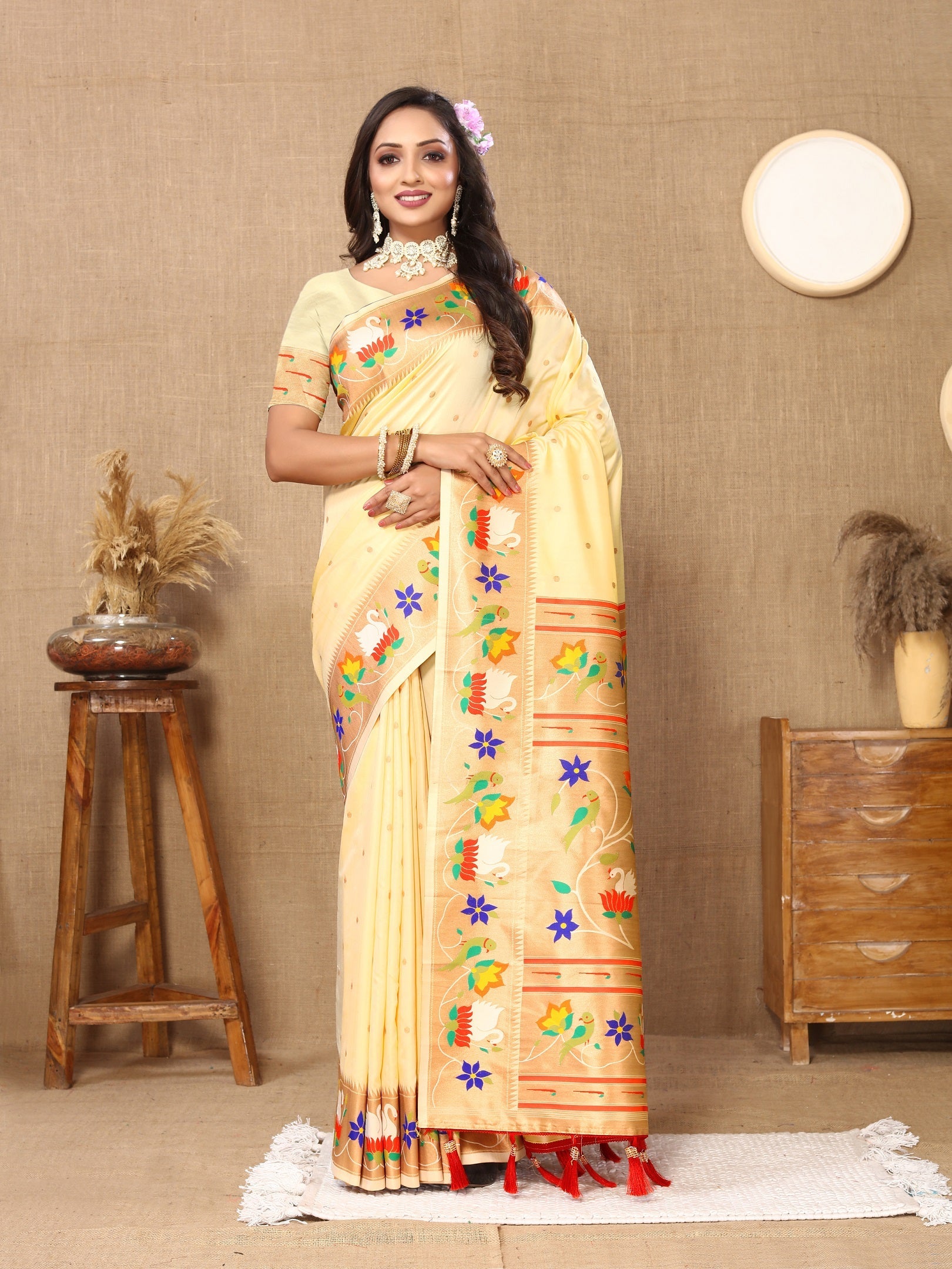 Vedant Vastram Cream Color Paithani Silk Saree - Cream - Distacart