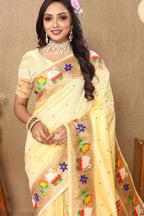 Vedant Vastram Cream Color Paithani Silk Saree - Cream - Distacart