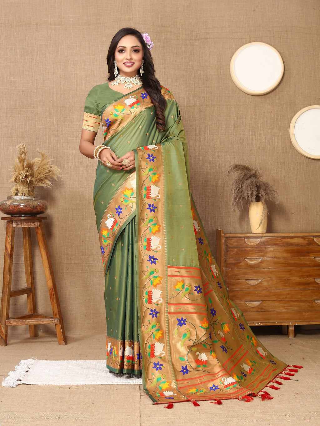 Vedant Vastram Mehndi Color Paithani Silk Saree - Mehndi - Distacart