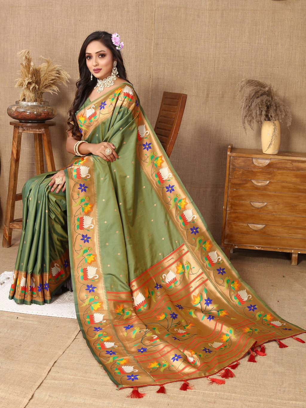 Vedant Vastram Mehndi Color Paithani Silk Saree - Mehndi - Distacart