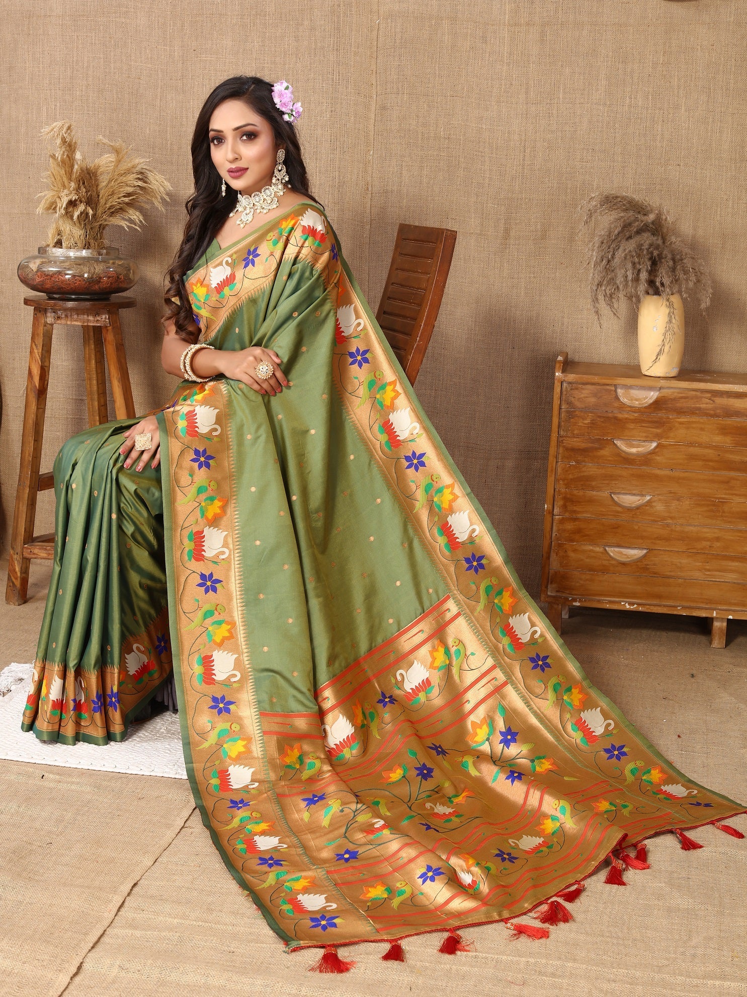 Vedant Vastram Mehndi Color Paithani Silk Saree - Mehndi - Distacart