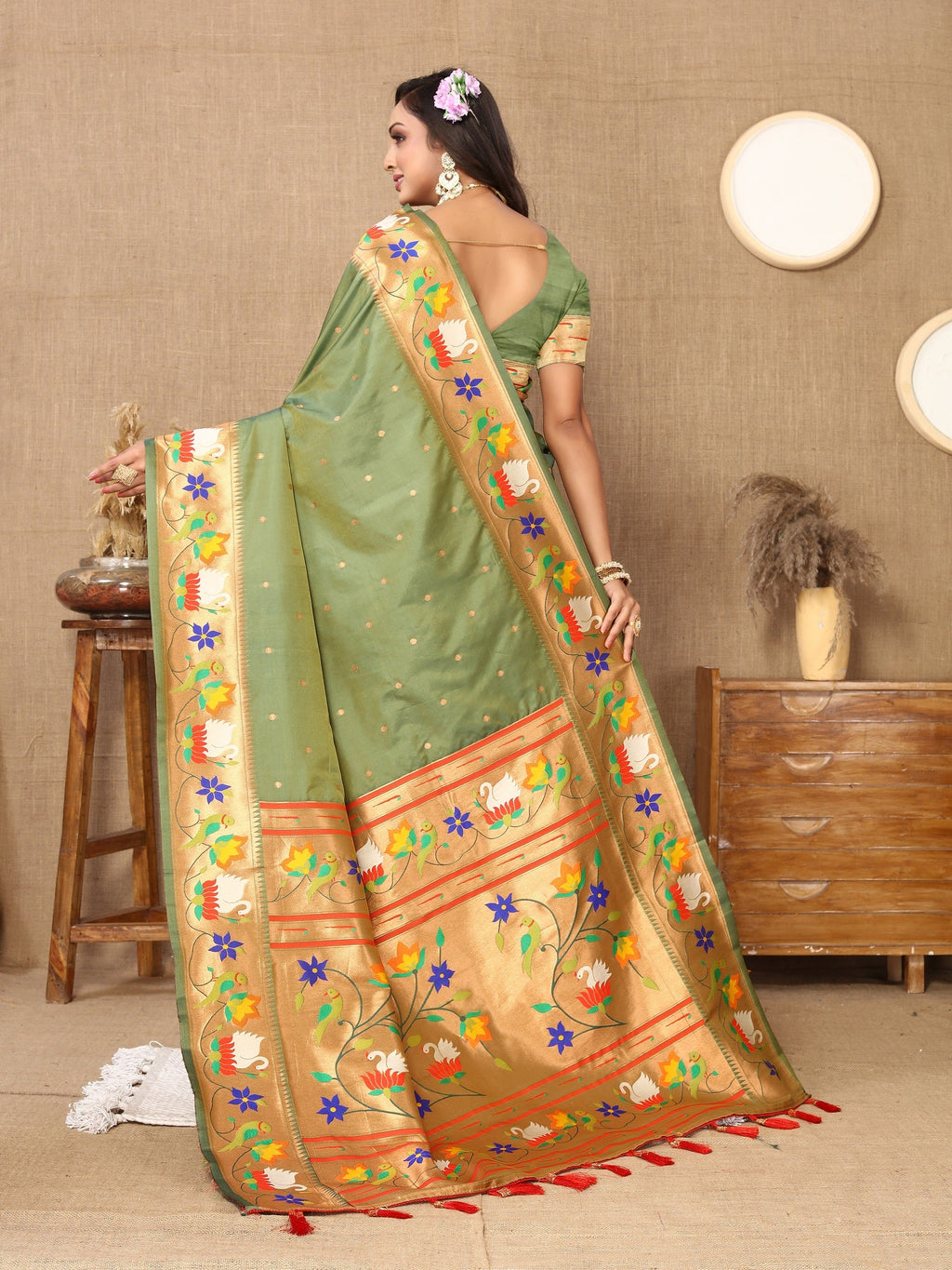Vedant Vastram Mehndi Color Paithani Silk Saree - Mehndi - Distacart