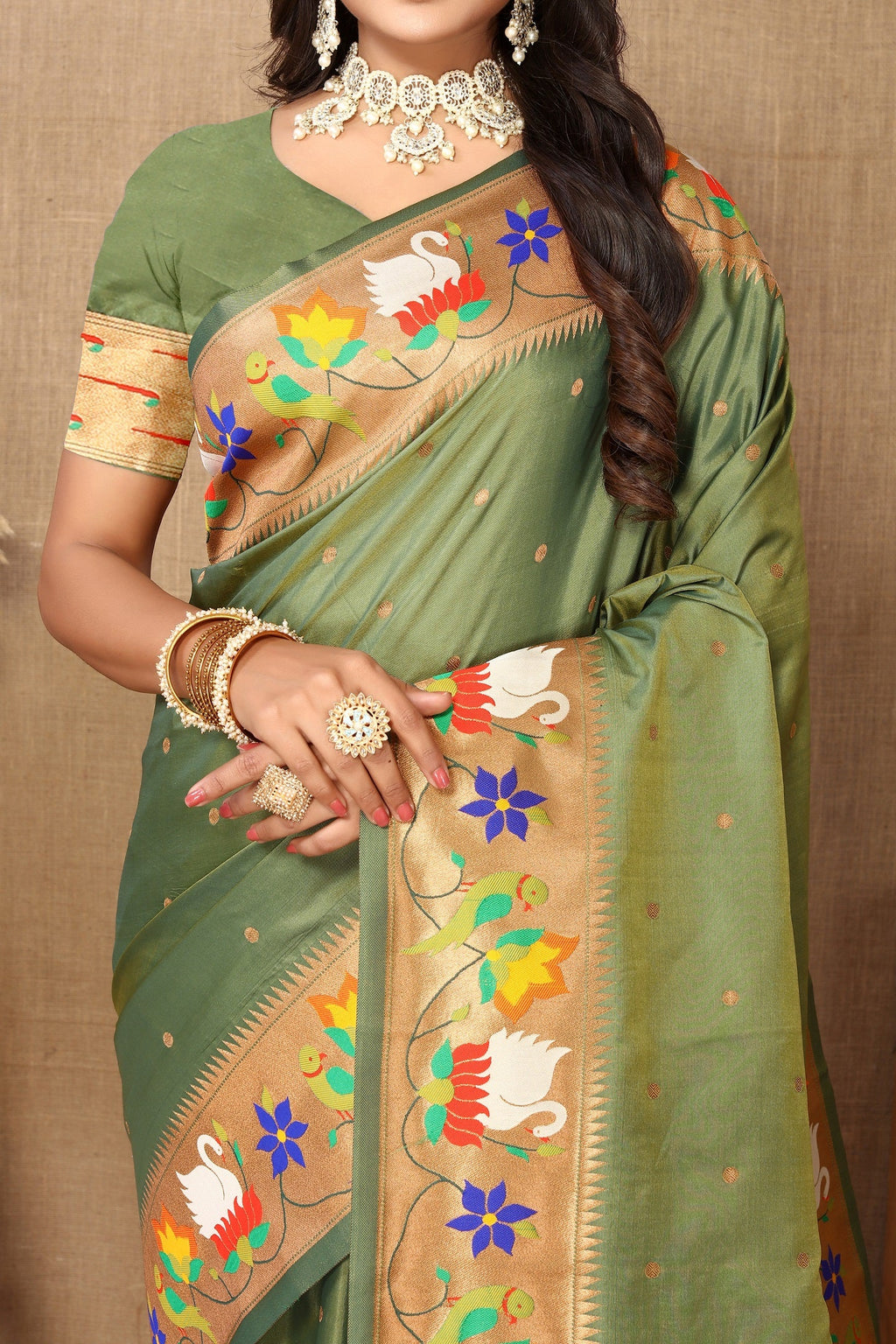 Vedant Vastram Mehndi Color Paithani Silk Saree - Mehndi - Distacart