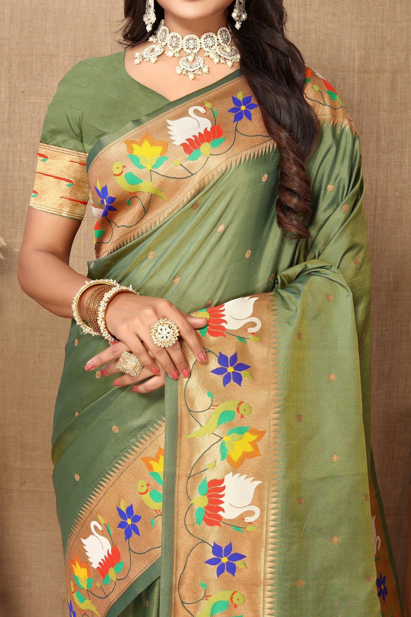 Vedant Vastram Mehndi Color Paithani Silk Saree - Mehndi - Distacart