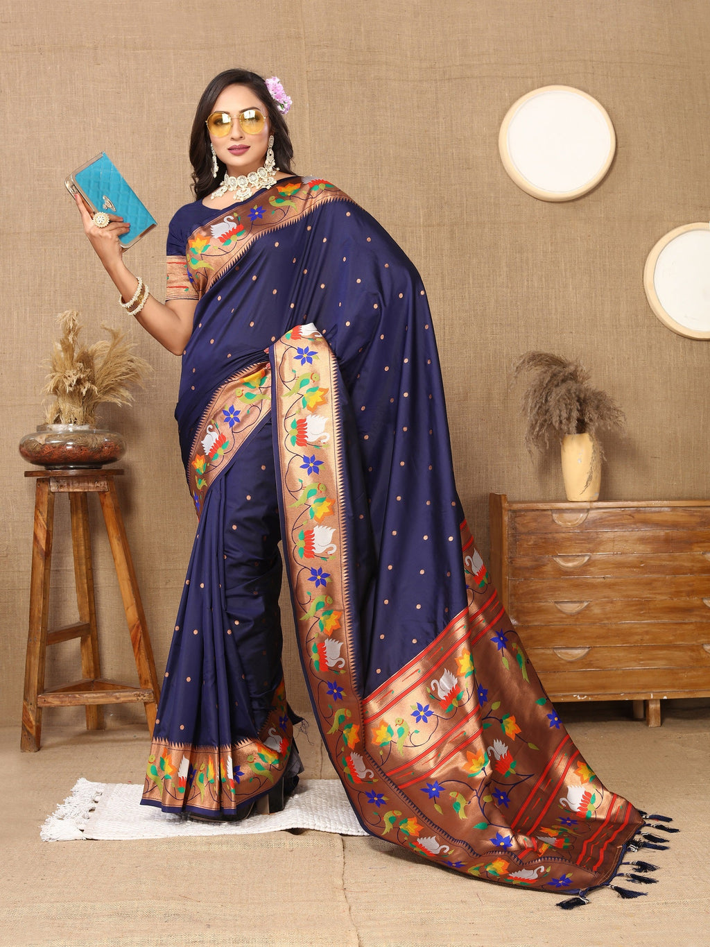 Vedant Vastram Navy Blue Color Paithani Silk Saree - Navy Blue - Distacart