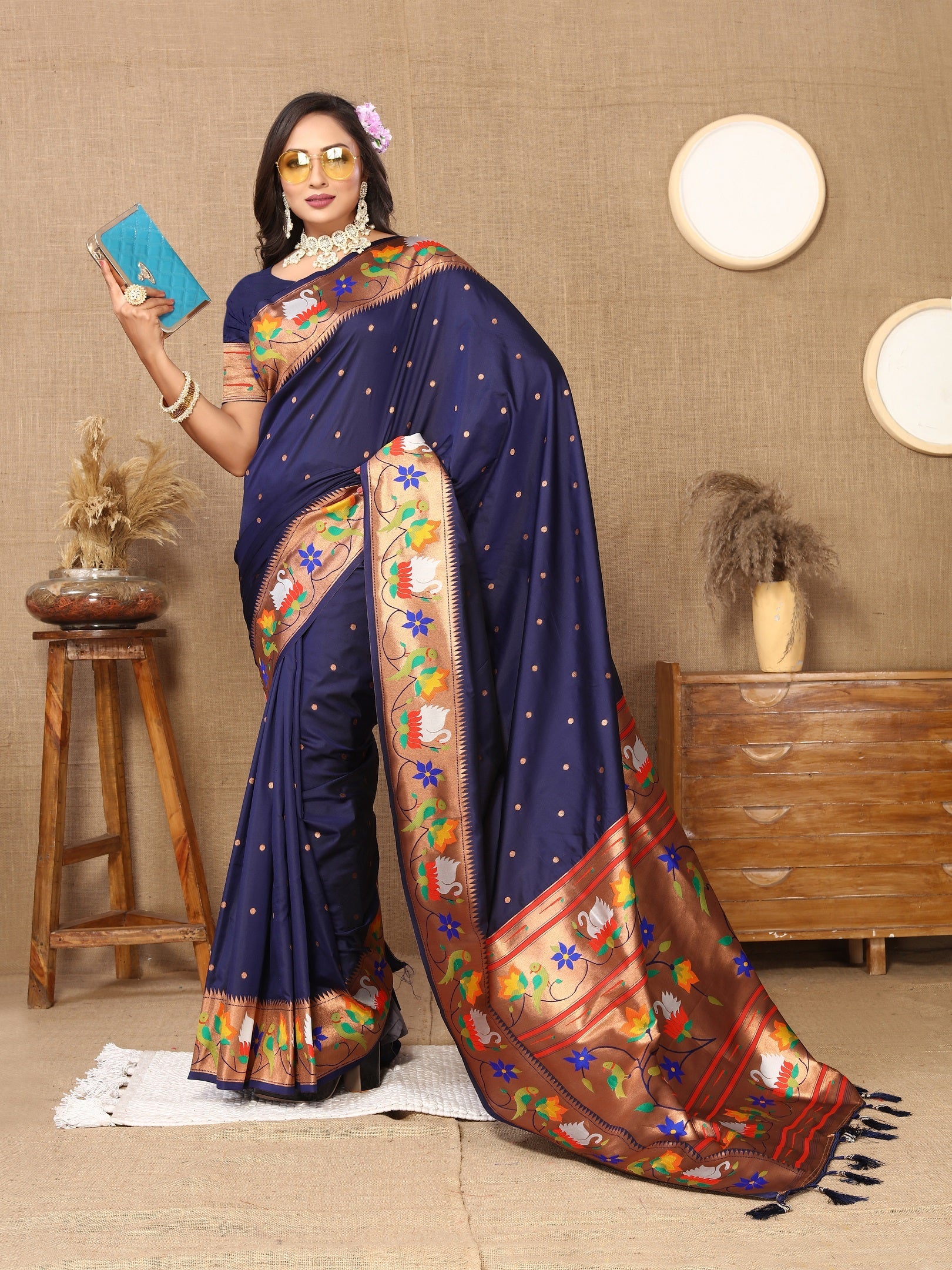 Vedant Vastram Navy Blue Color Paithani Silk Saree - Navy Blue - Distacart