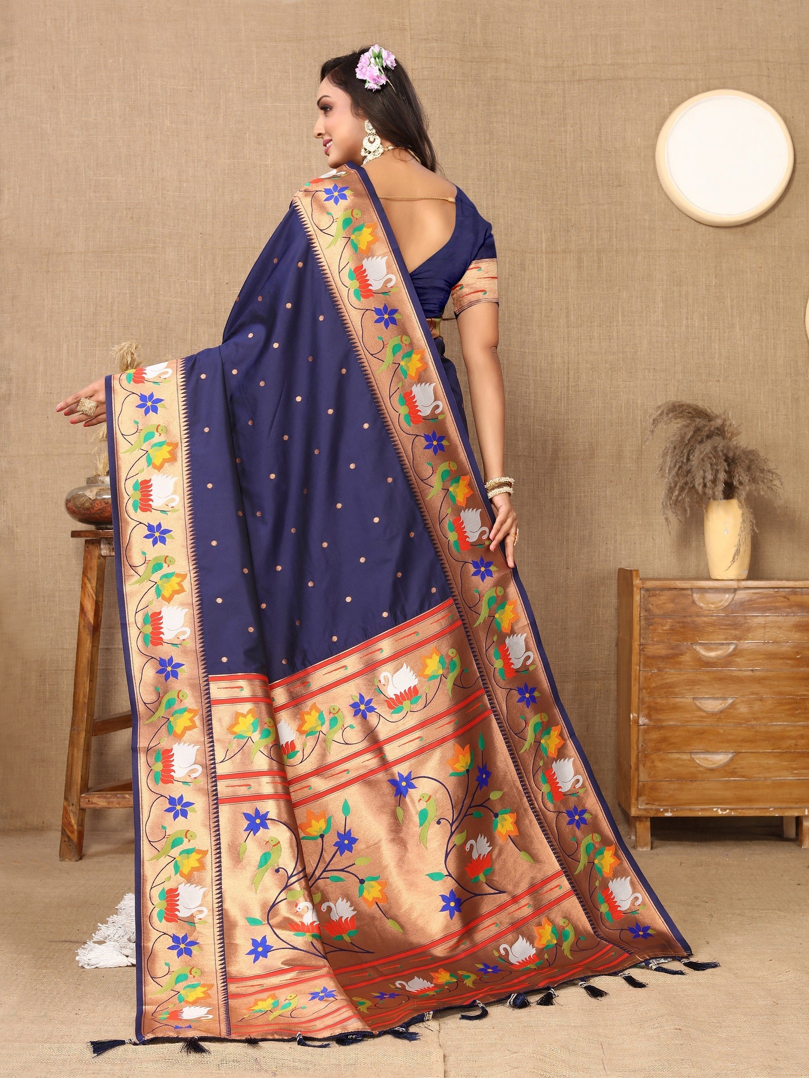 Vedant Vastram Navy Blue Color Paithani Silk Saree - Navy Blue - Distacart